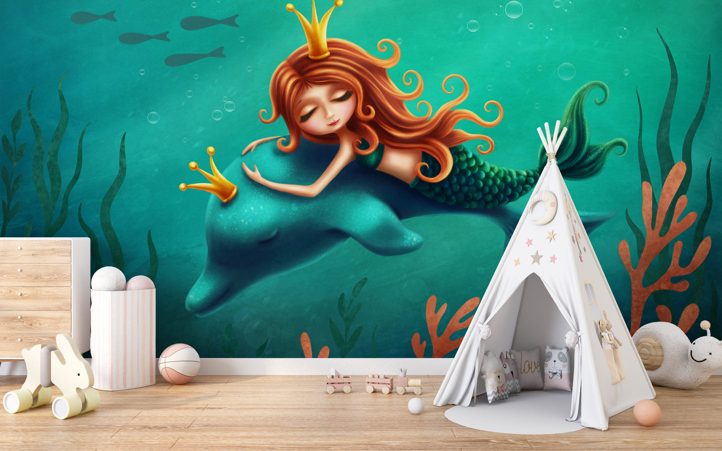 Enchanting Mermaid and Dolphin Ride Wall Mural Design
