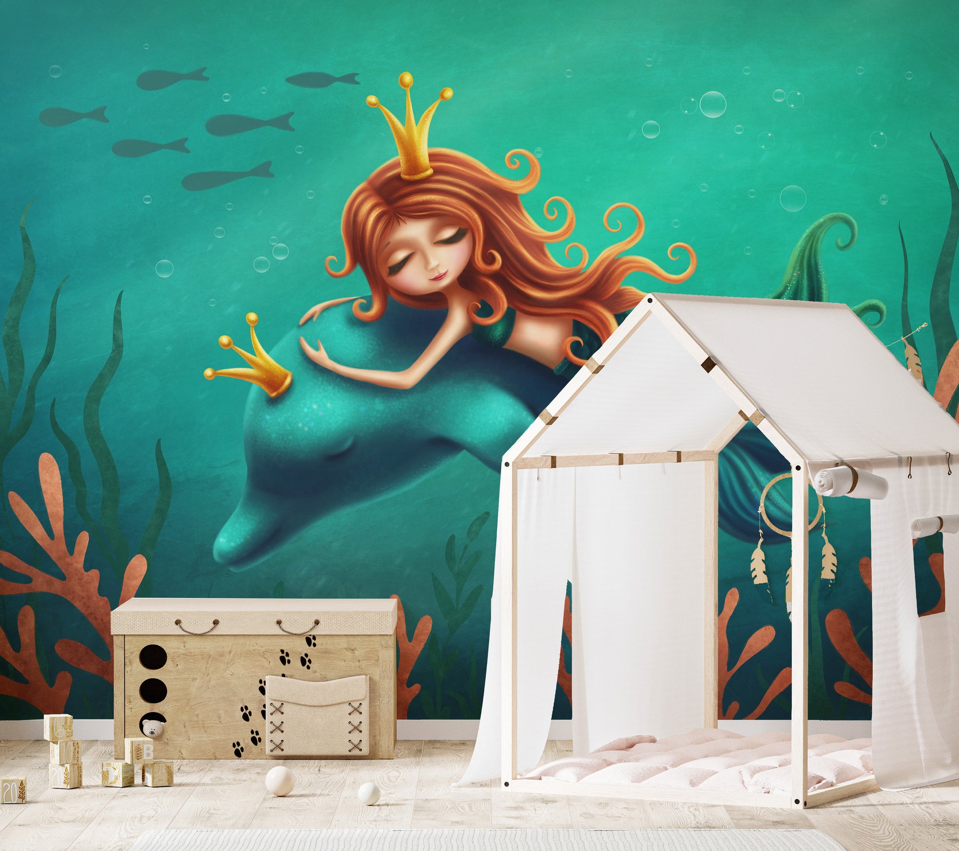 Mermaid and Dolphin Ride Wallpaper Mural for Interiors
