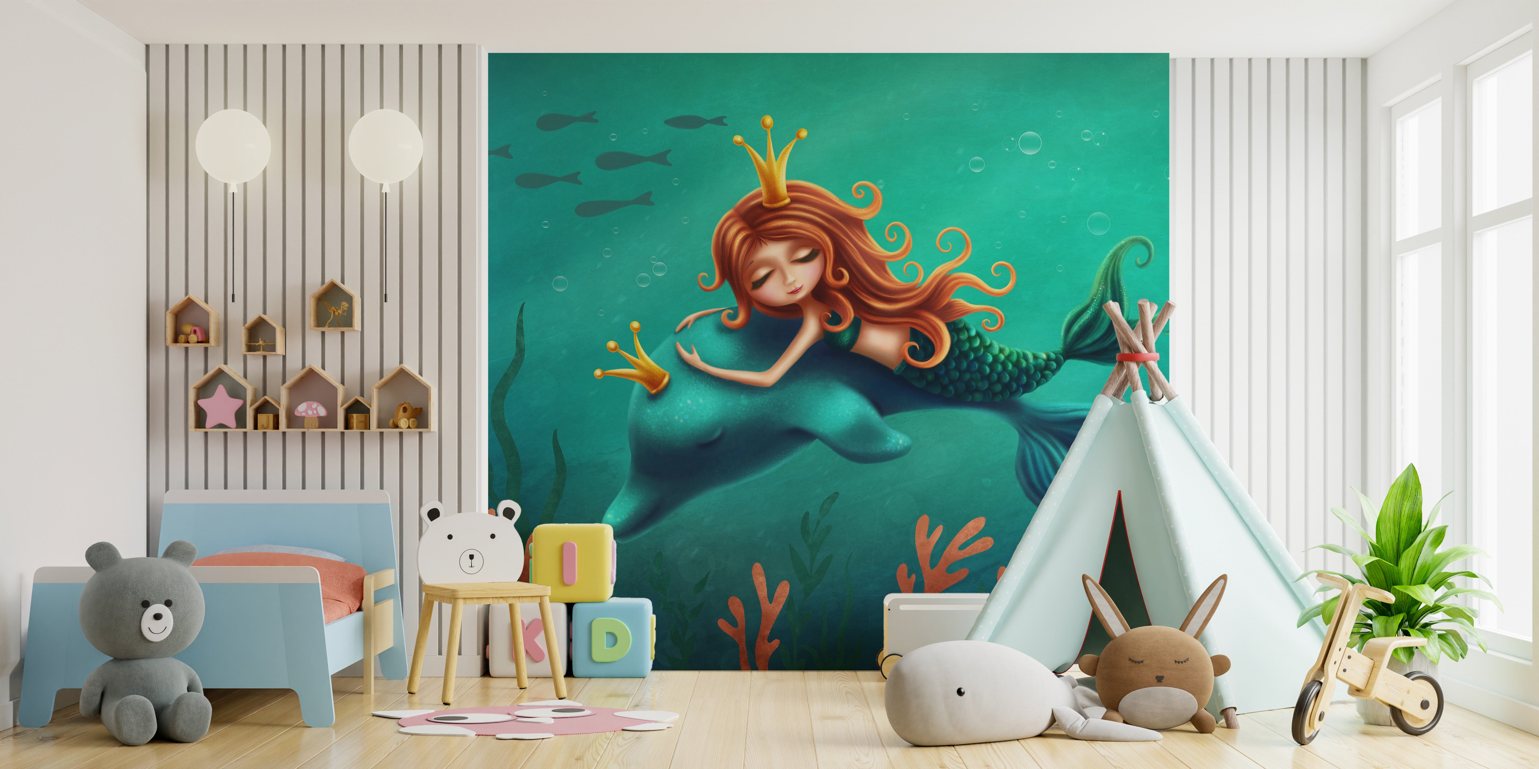 Enchanting Mermaid and Dolphin Ride Wall Mural Art
