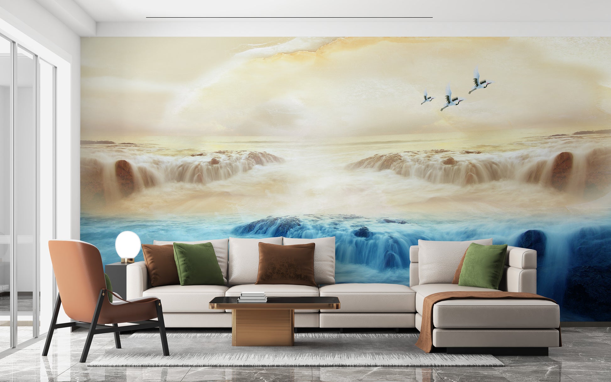 Beige Sky Serenity Mountain and Crane Mural Art
