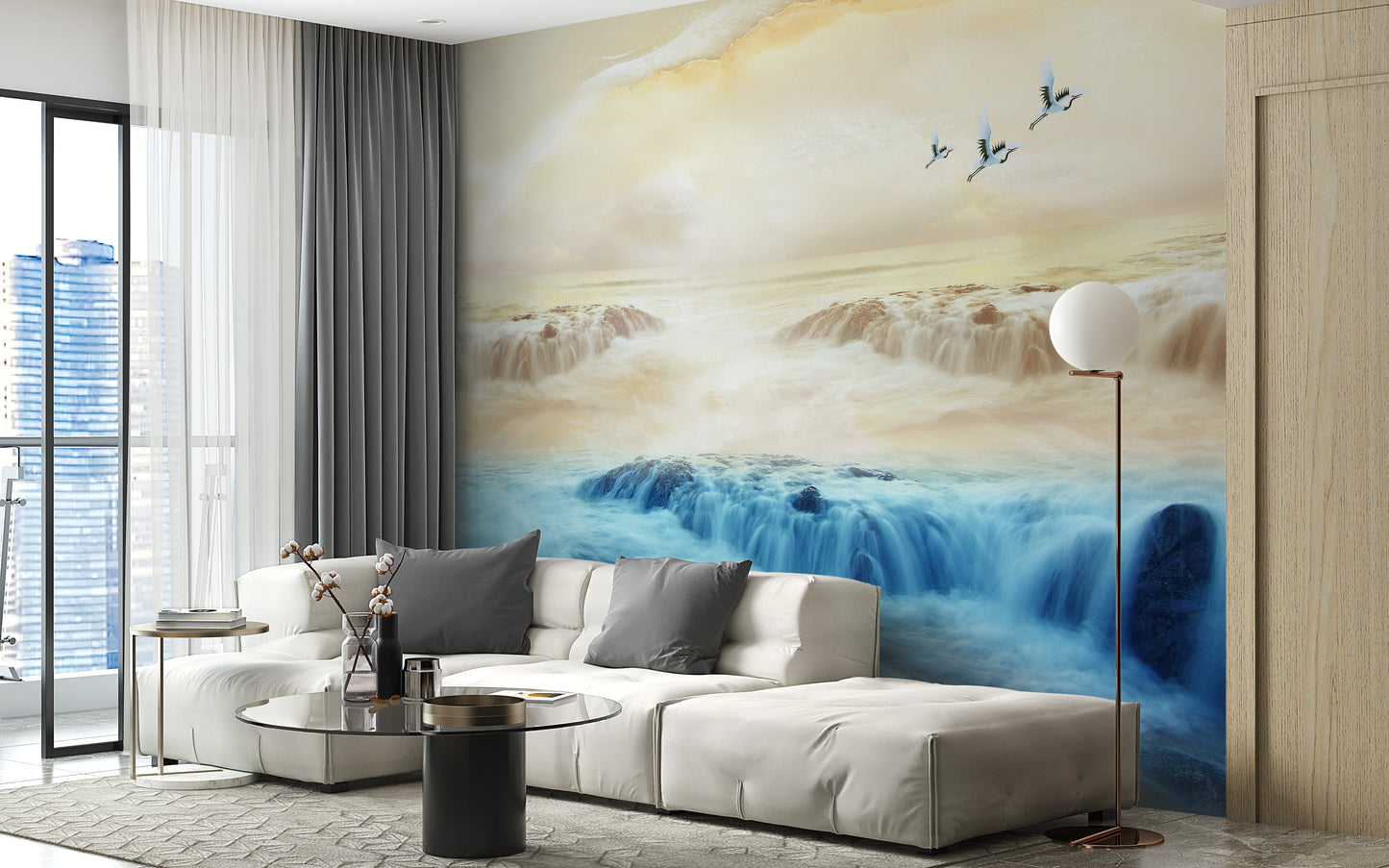 Mountain and Crane Beige Sky Wall Mural for Spaces
