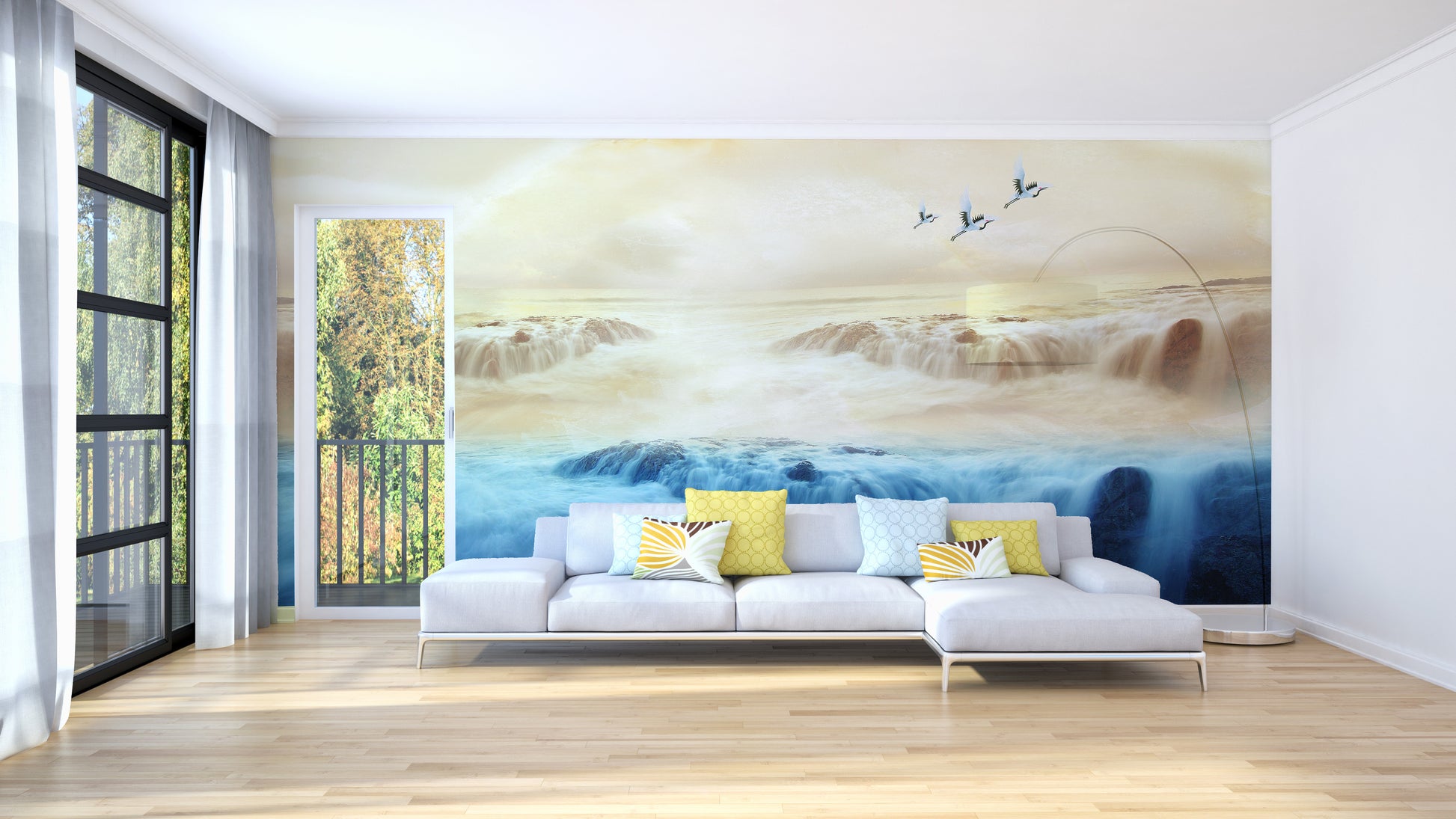 Beige Sky Mountain Crane Wall Mural for Home Decor
