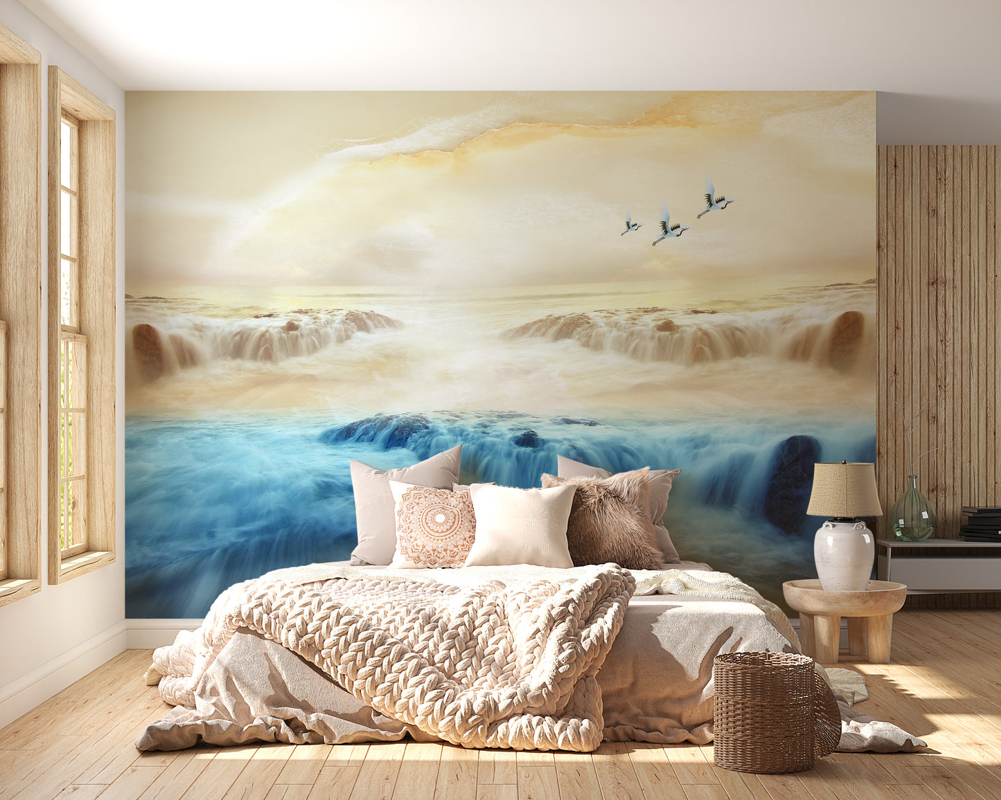 Serenity Mountain and Crane Wallpaper Mural for Walls
