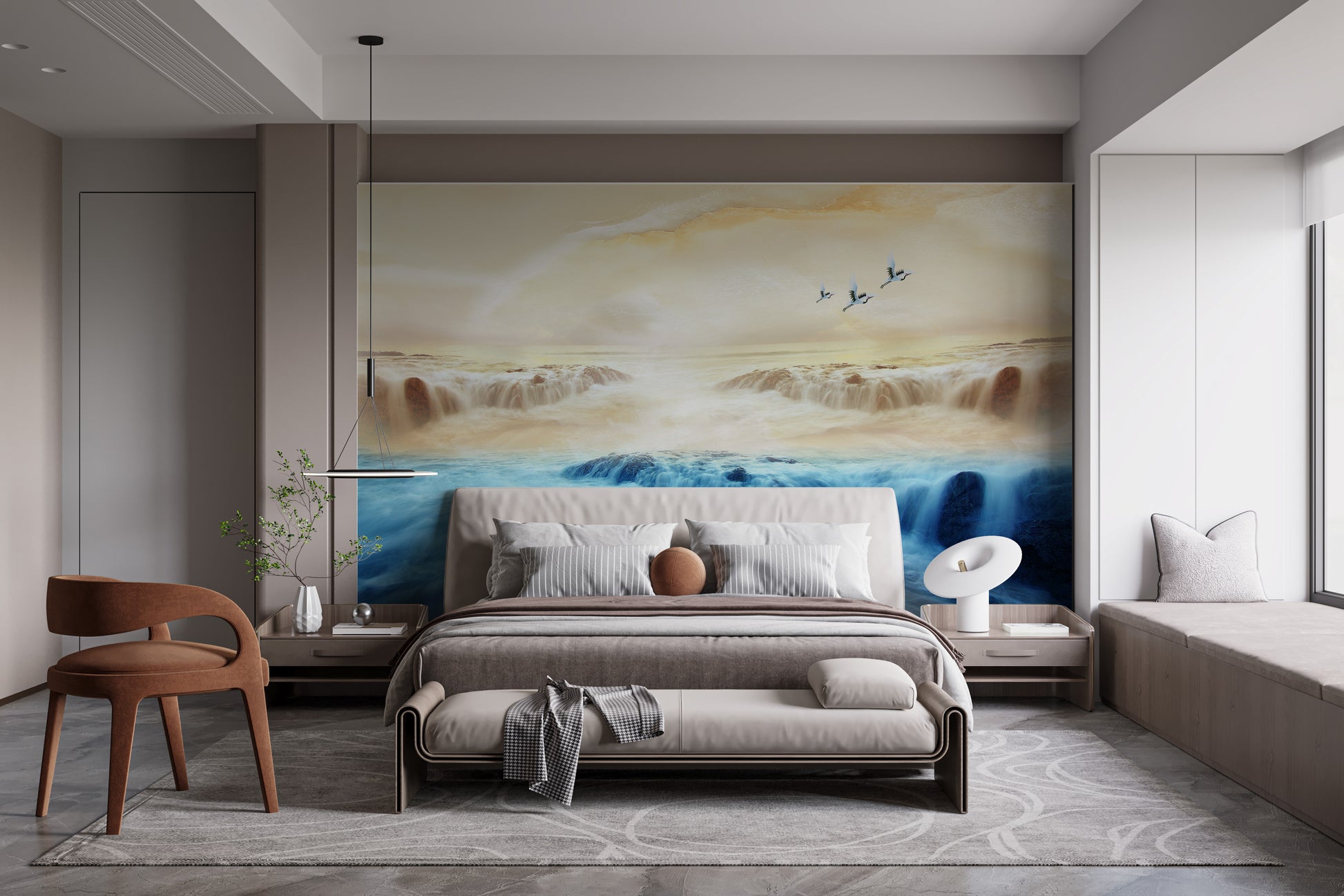 Beige Sky Serenity Mountain and Crane Wall Art Mural
