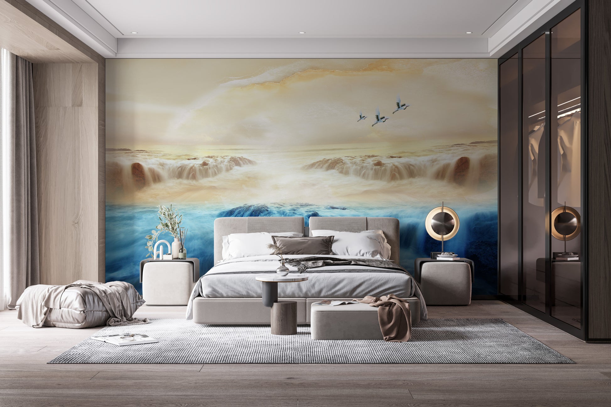 Mountain and Crane Beige Sky Wallpaper Mural
