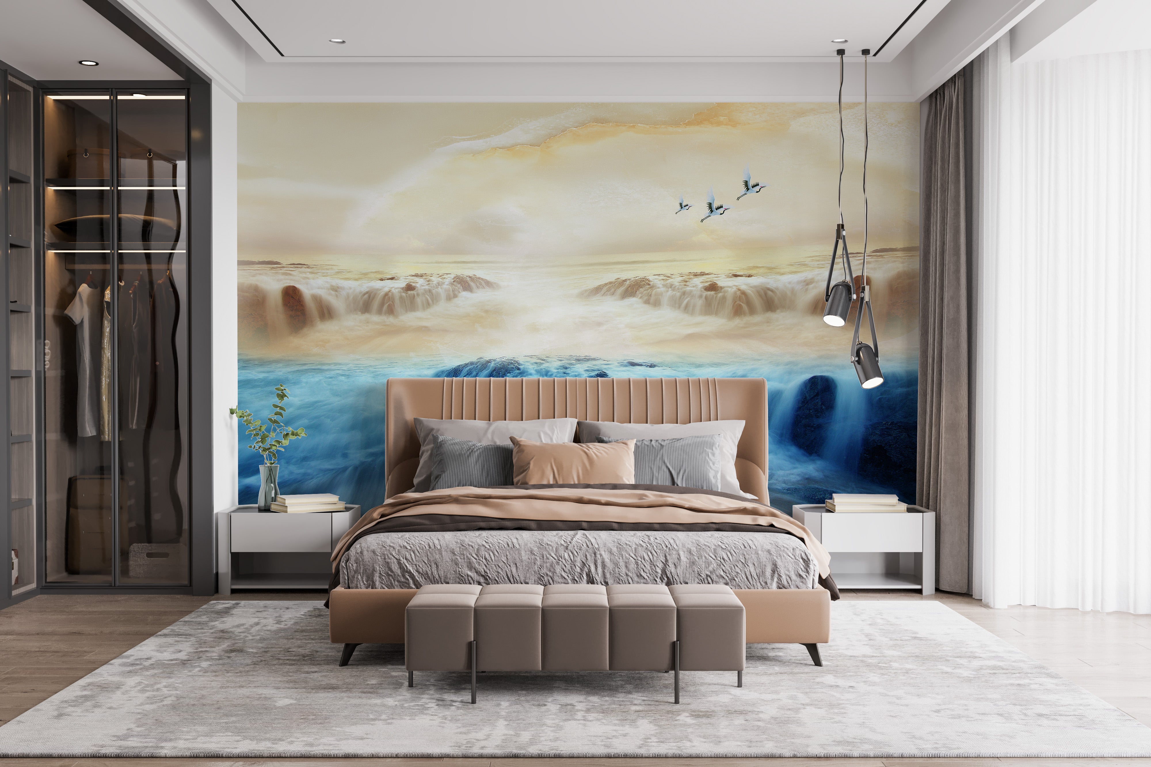 Beige Sky Mountain and Crane Wallpaper Mural Design
