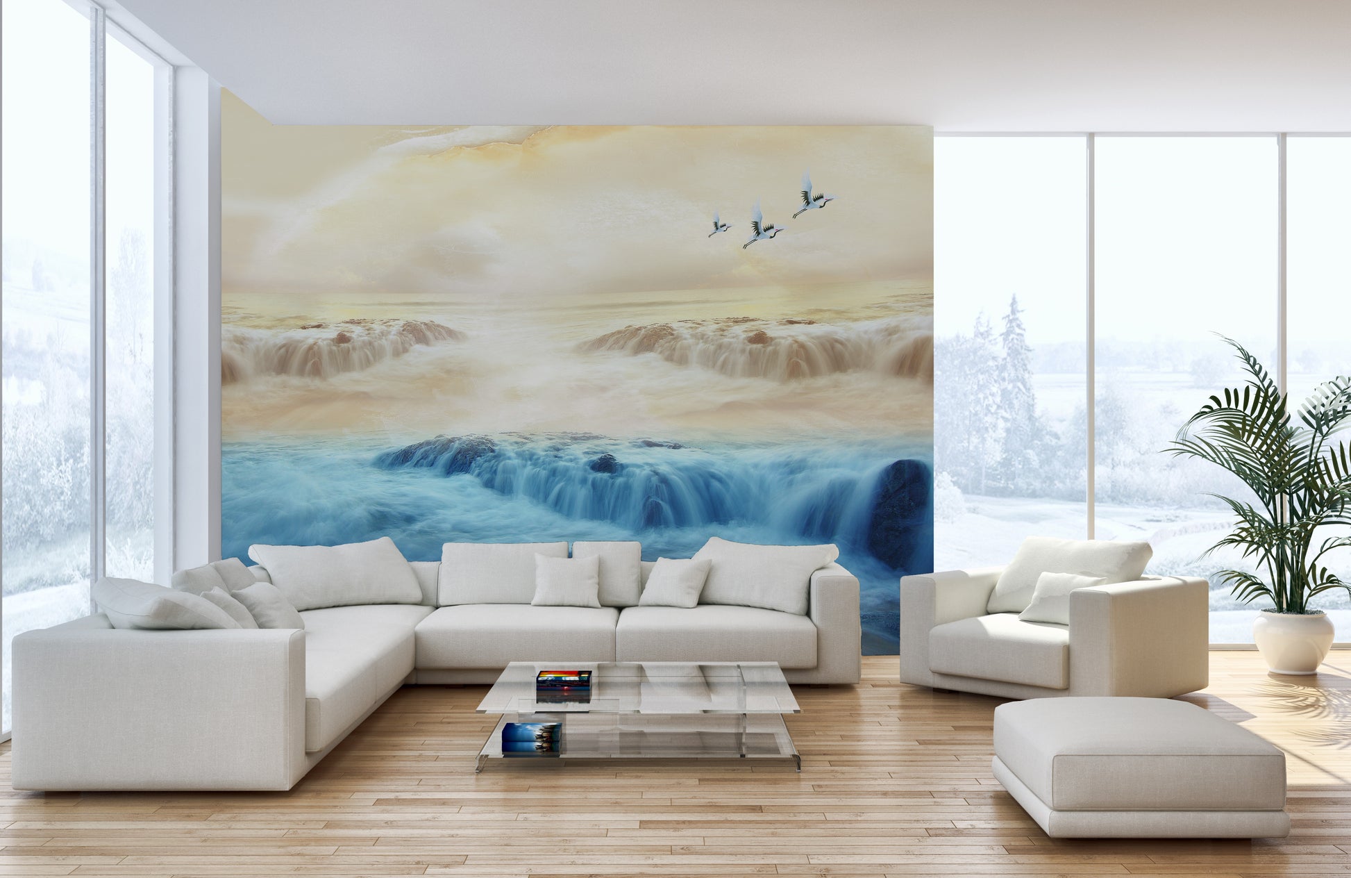 Serenity Mountain and Crane Beige Sky Wall Mural
