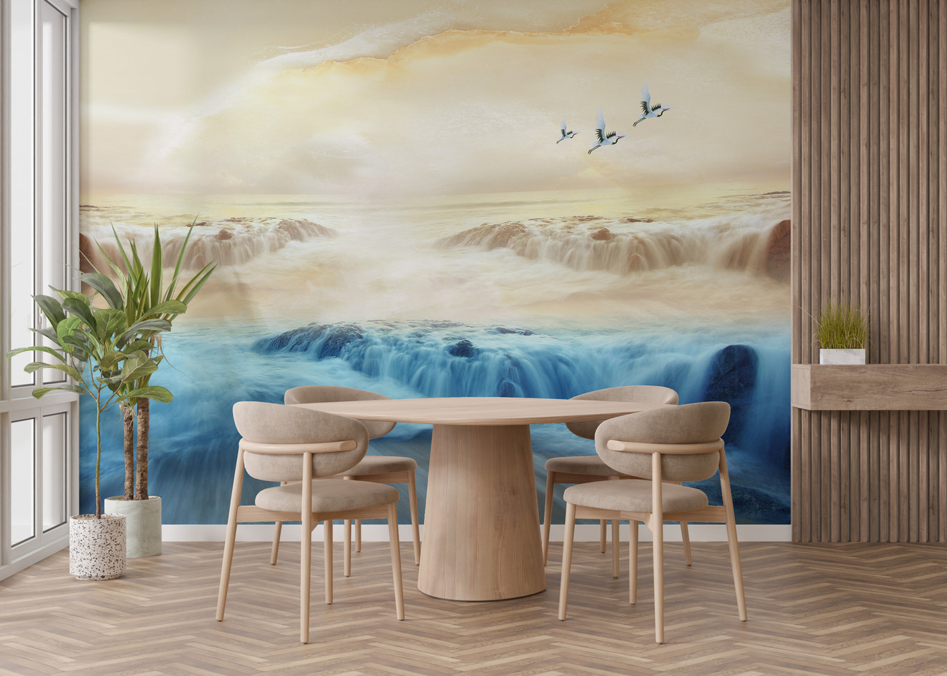 Beige Sky Serenity Mountain and Crane Wallpaper Mural
