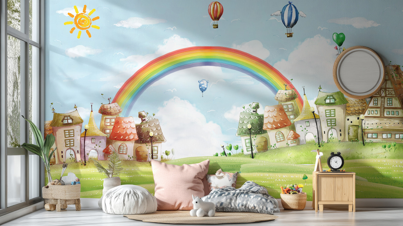 Rainbow & Balloons in Kids Fantasy City Wall Mural