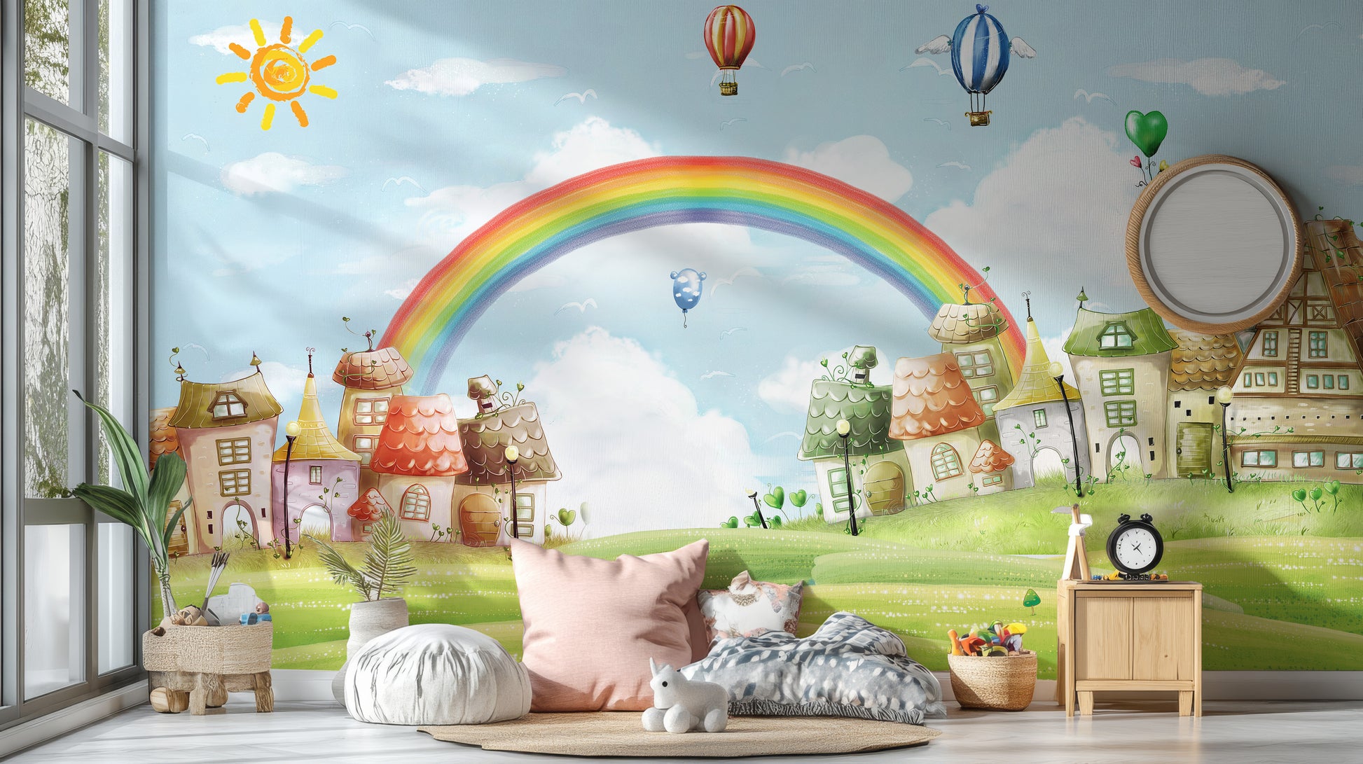 Rainbow & Balloons in Kids Fantasy City Wall Mural