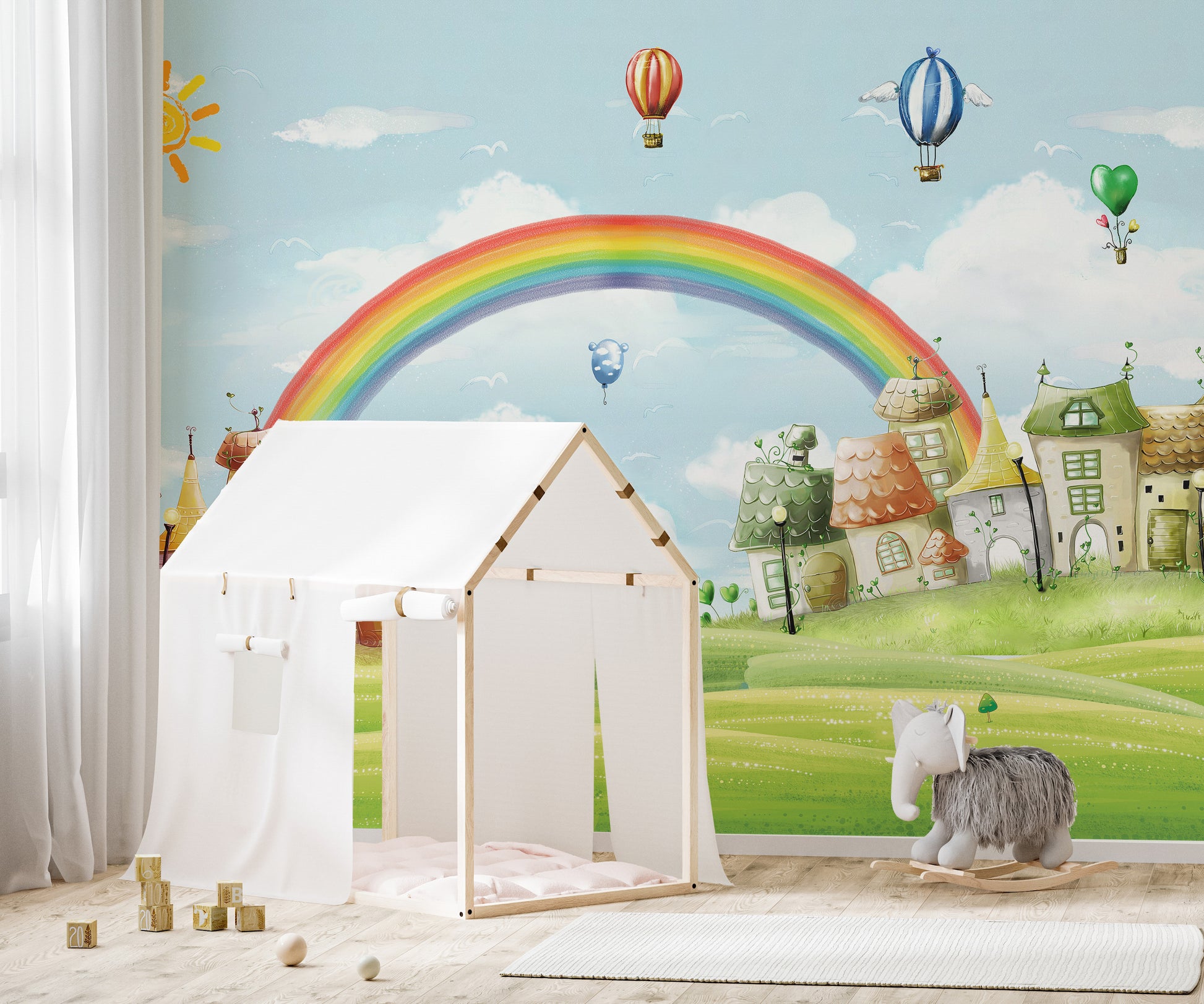 Fantasy City Mural with Rainbow & Balloons for Kids
