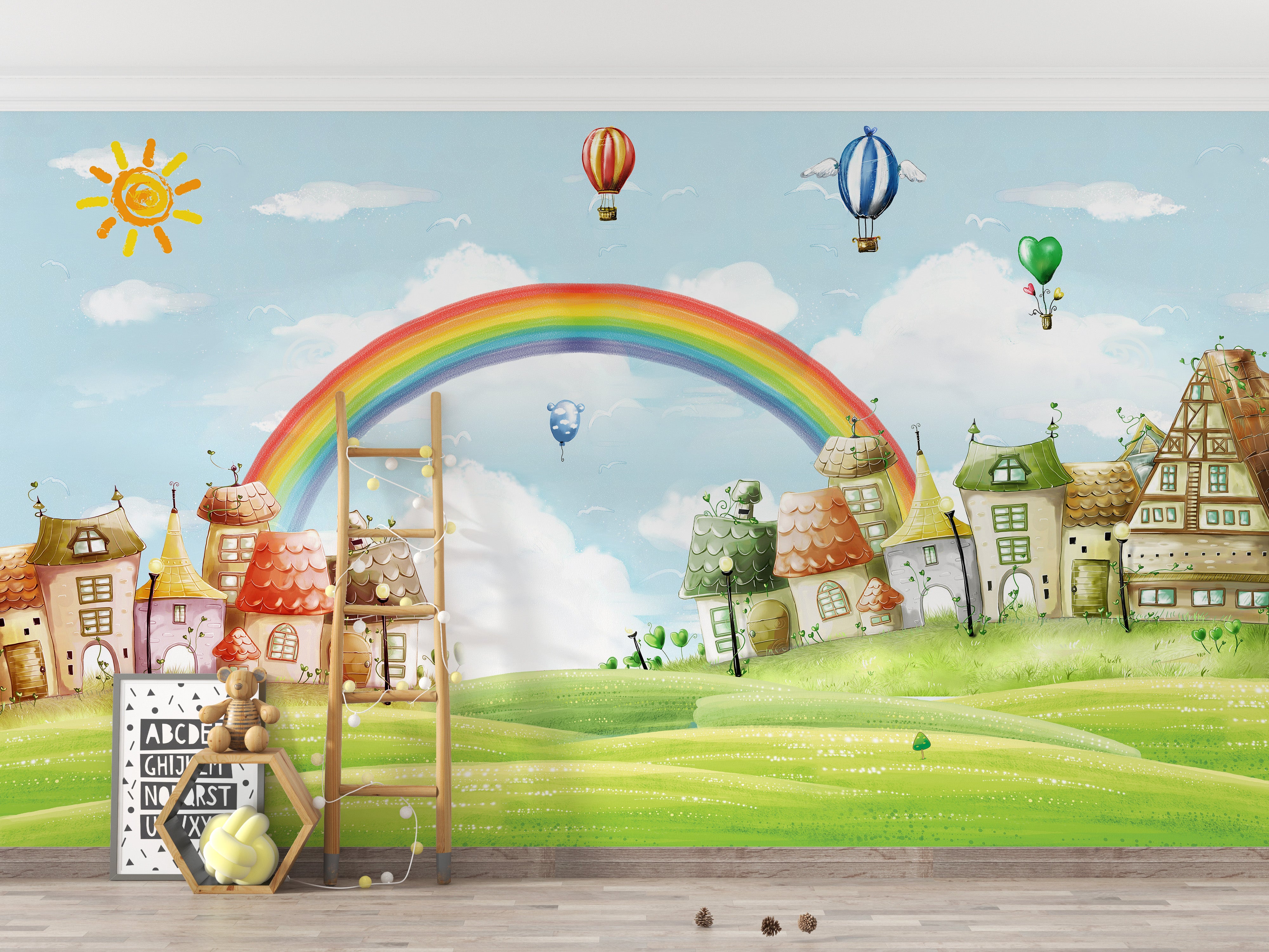 Rainbow & Balloons in Kids City Wall Mural Design
