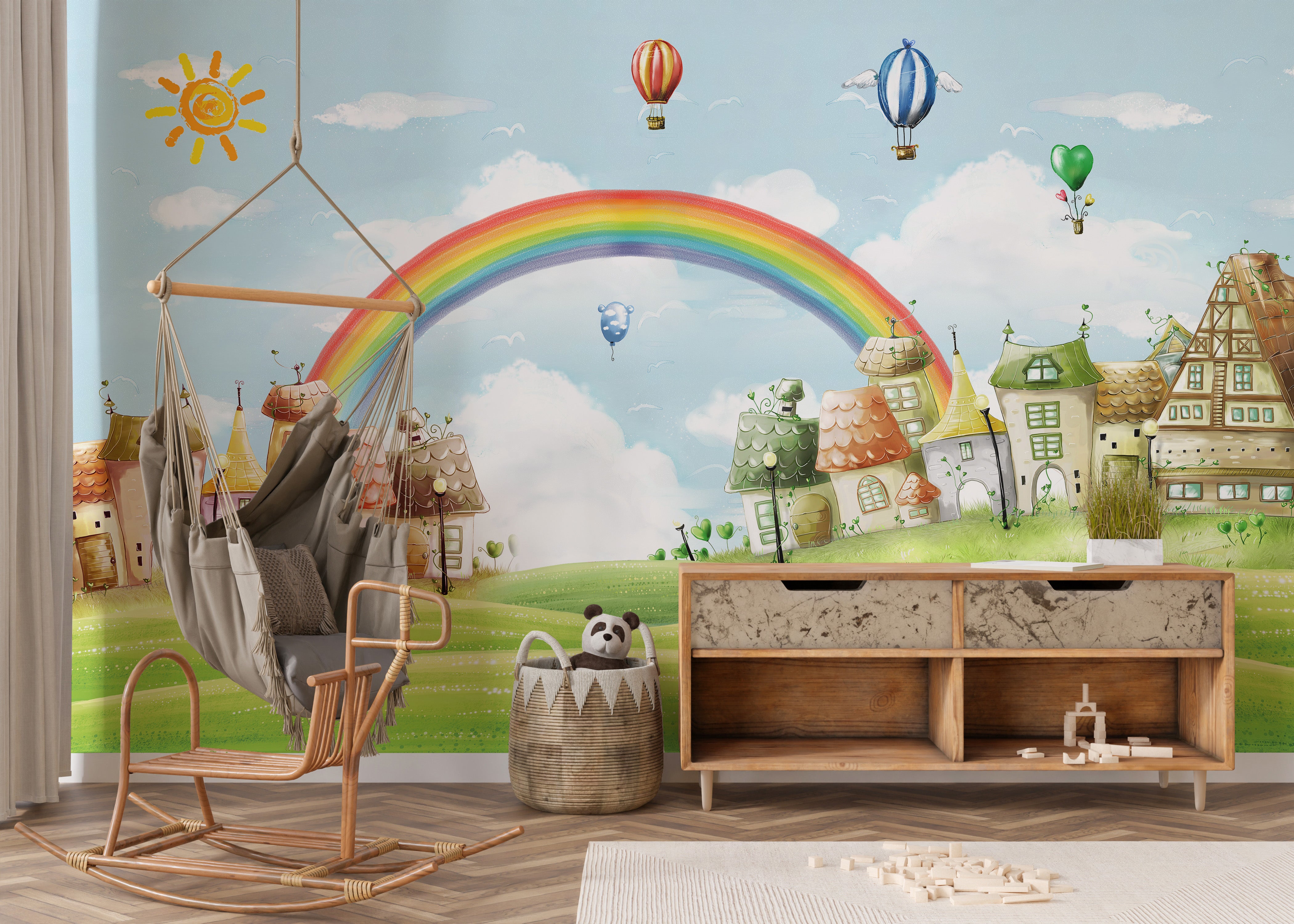 Kids Fantasy City Mural with Rainbow & Balloons