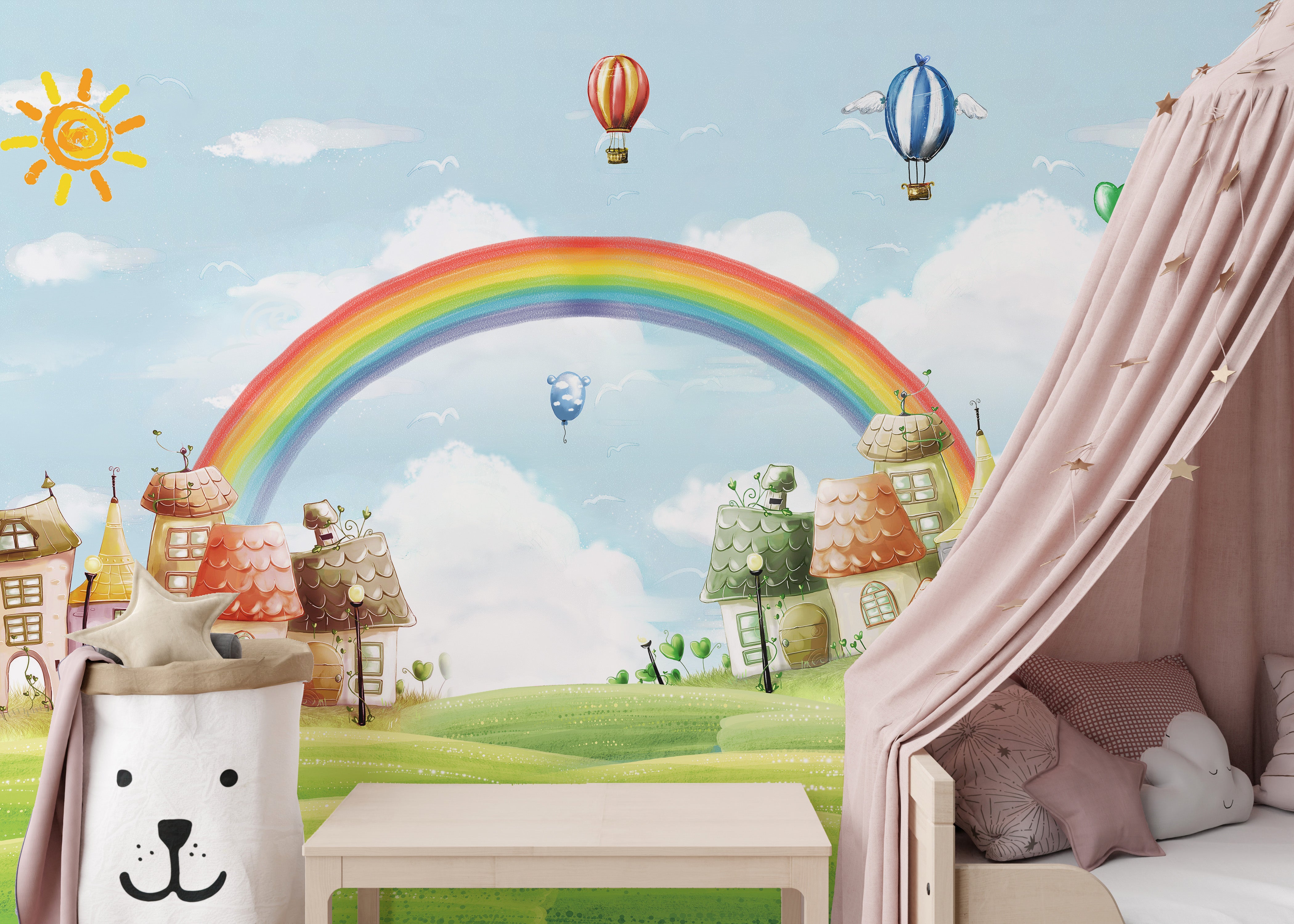 Rainbow & Balloons in Fantasy City Wall Mural