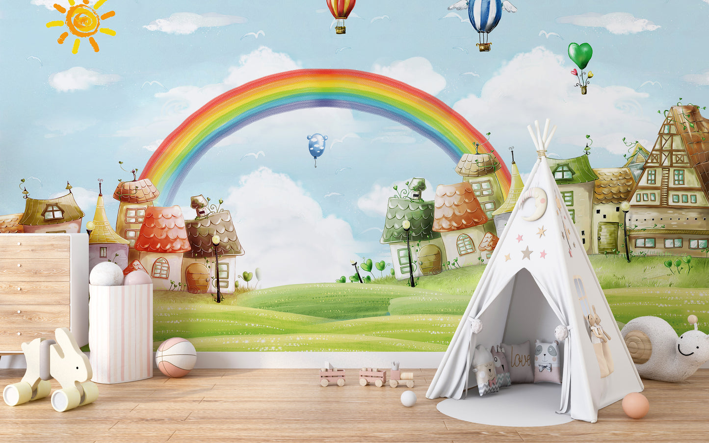 Kids Fantasy City with Balloons & Rainbow Mural