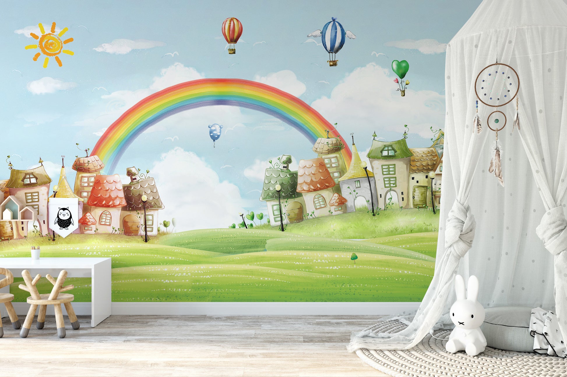 Kids Fantasy City Mural with Rainbow & Balloons