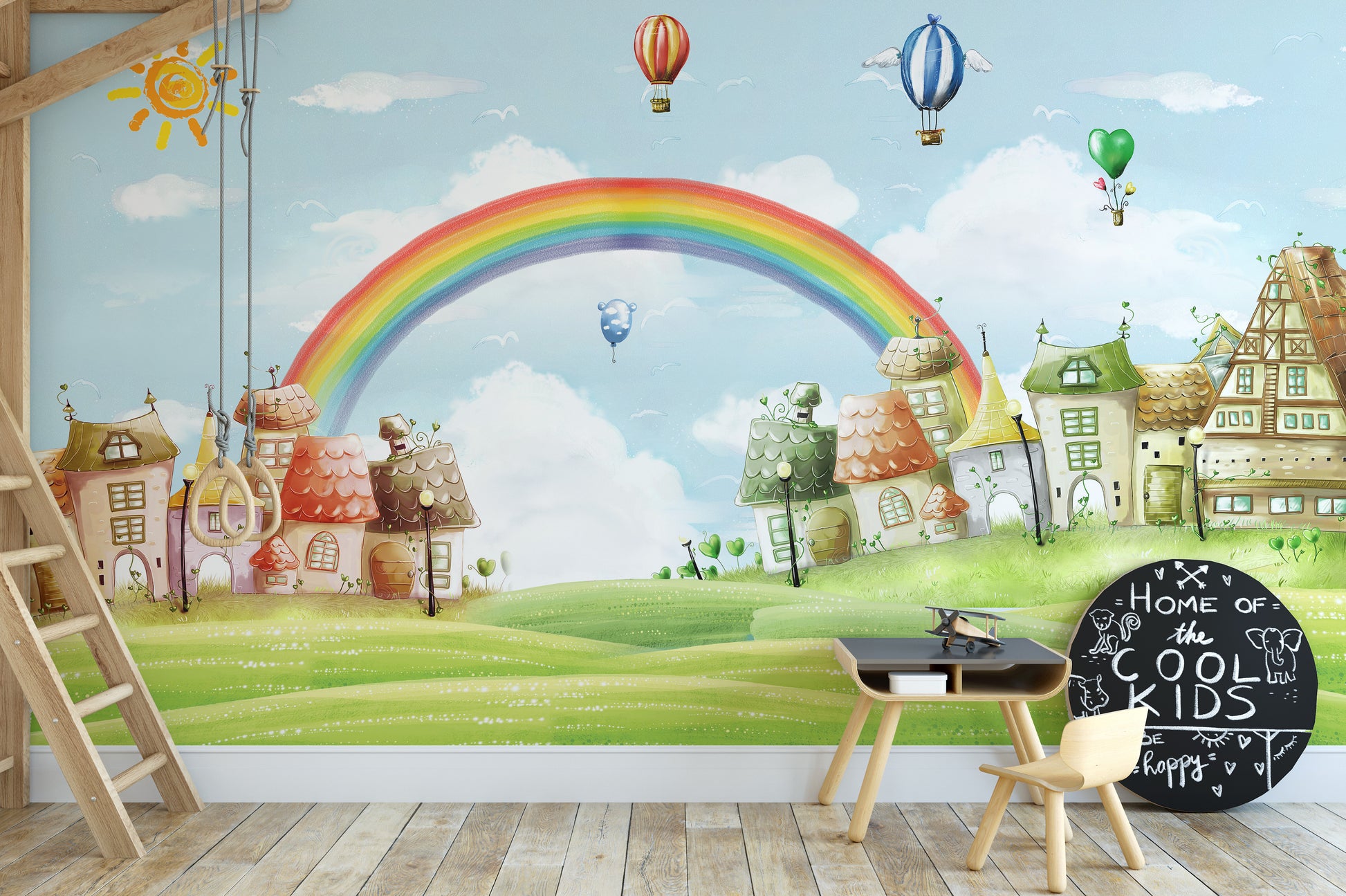 Rainbow & Balloons in Kids Fantasy City Wallpaper