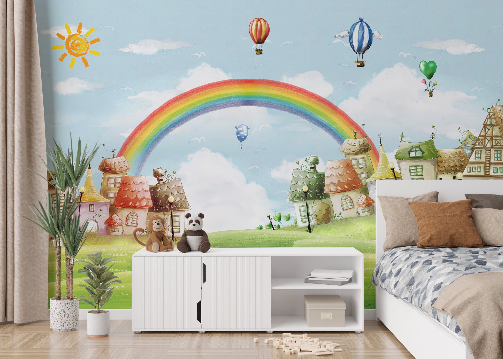 Kids Fantasy City with Rainbow & Balloons Mural