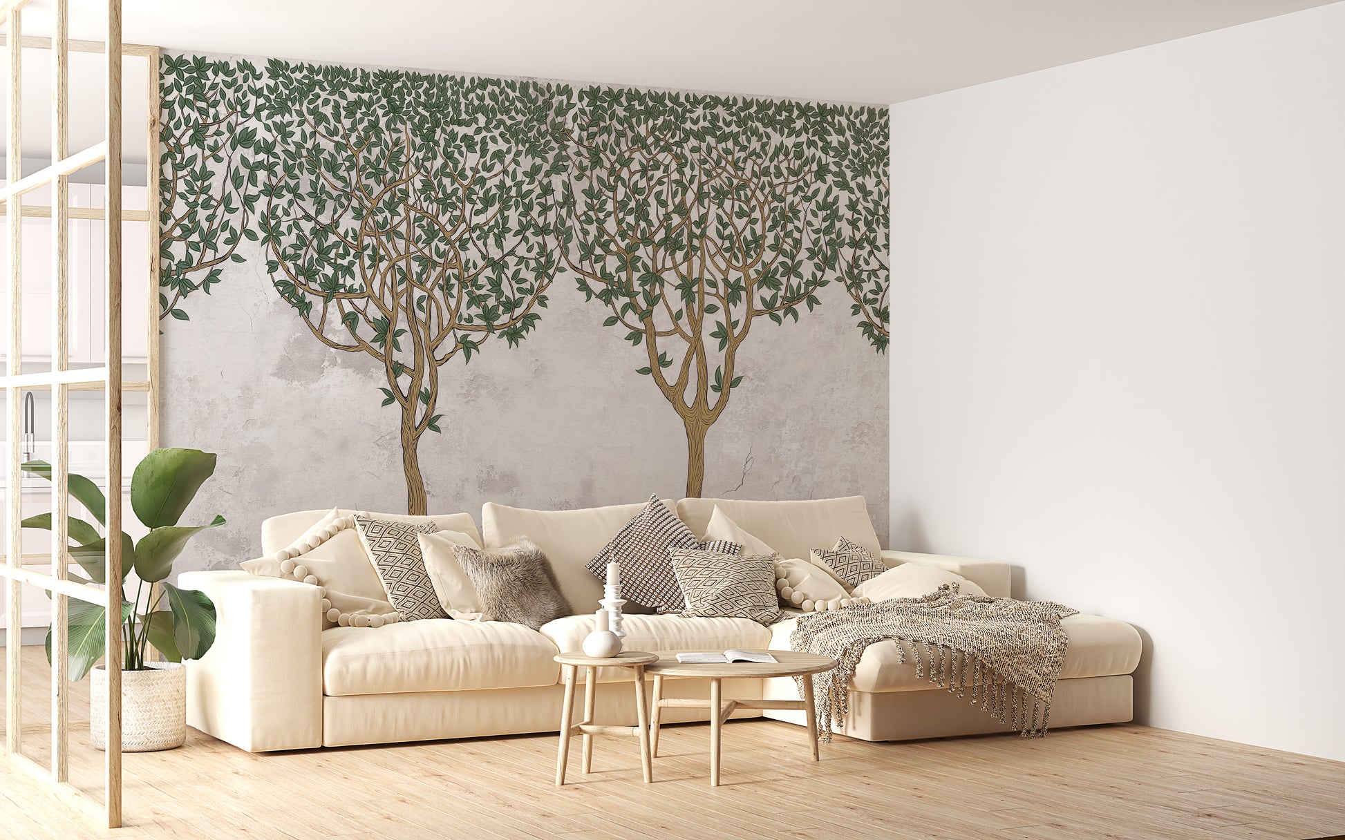 Painted Forest Wall Mural in Green for Interiors