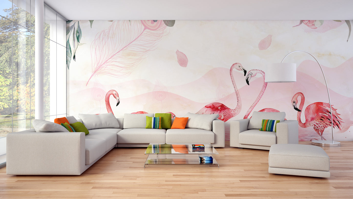 Five Feathered Flamingos Mural for Stylish Walls
