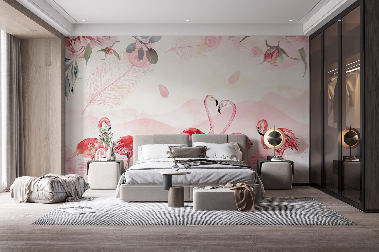 Five Feathered Flamingos Wall Mural for Interior Spaces