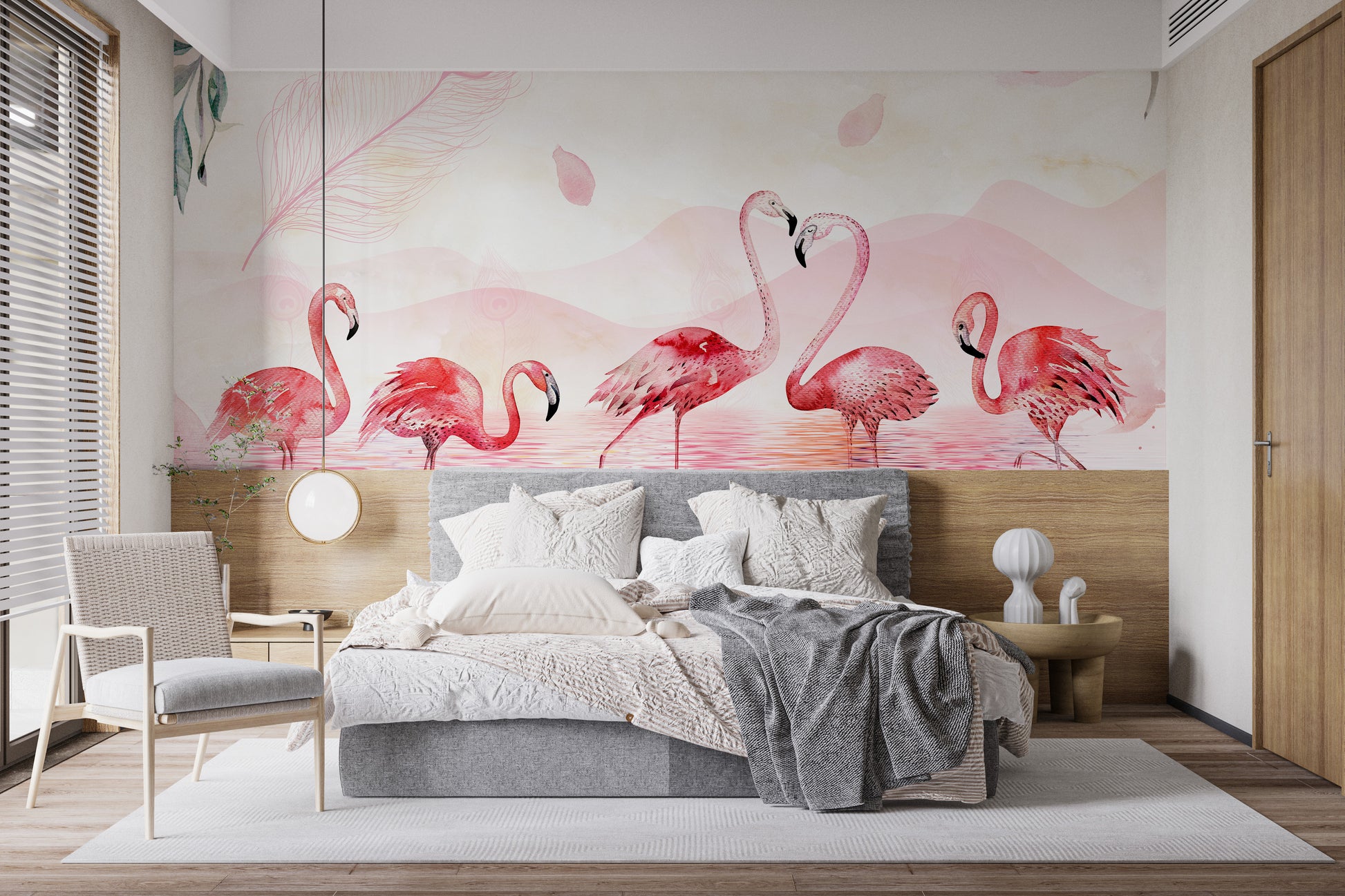 Five Flamingos Feathered Wallpaper Mural for Spaces
