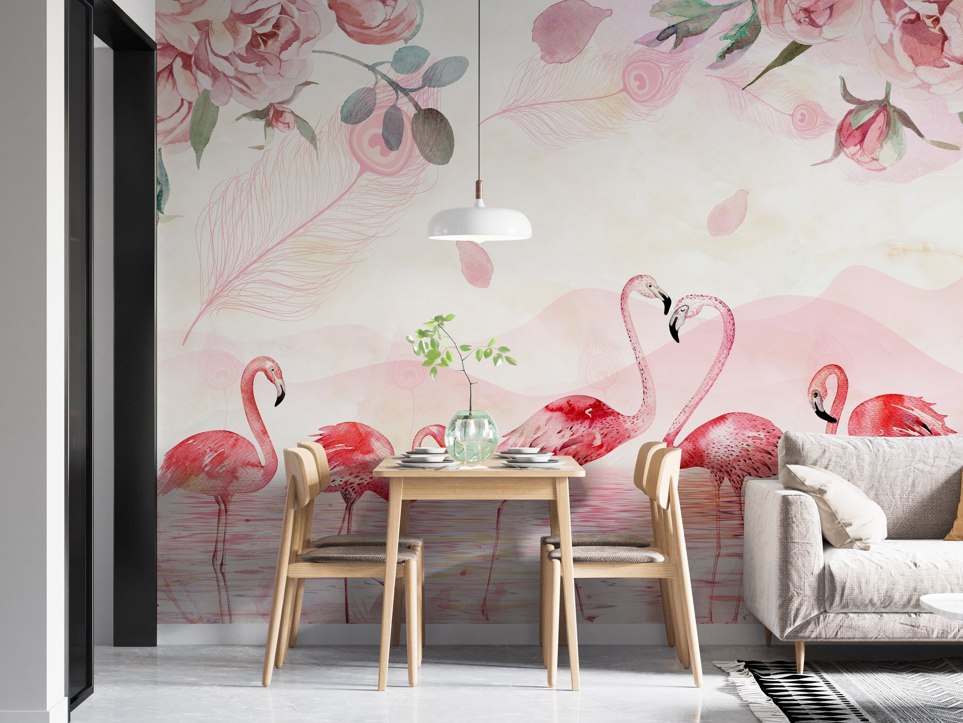 Five Feathered Flamingos Wallpaper Mural for Walls
