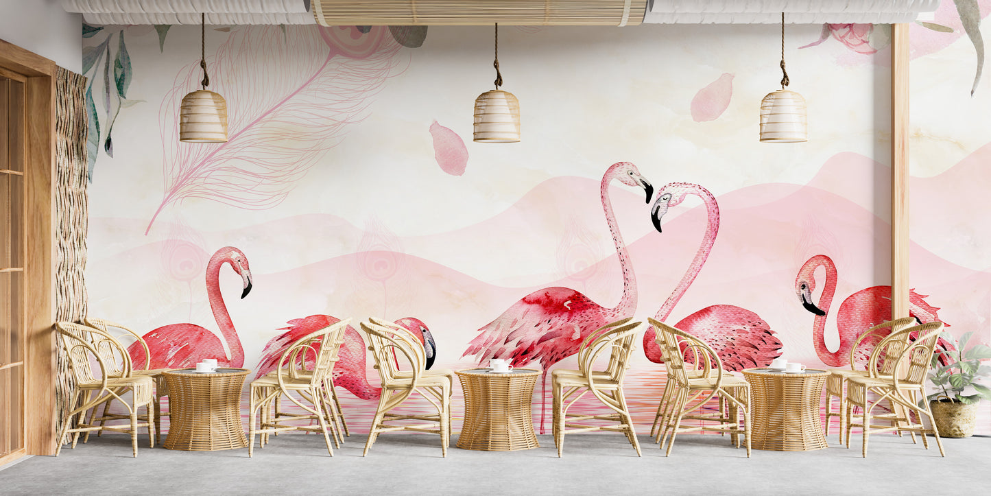 Flamingos Wallpaper Mural with Five Feathered Design
