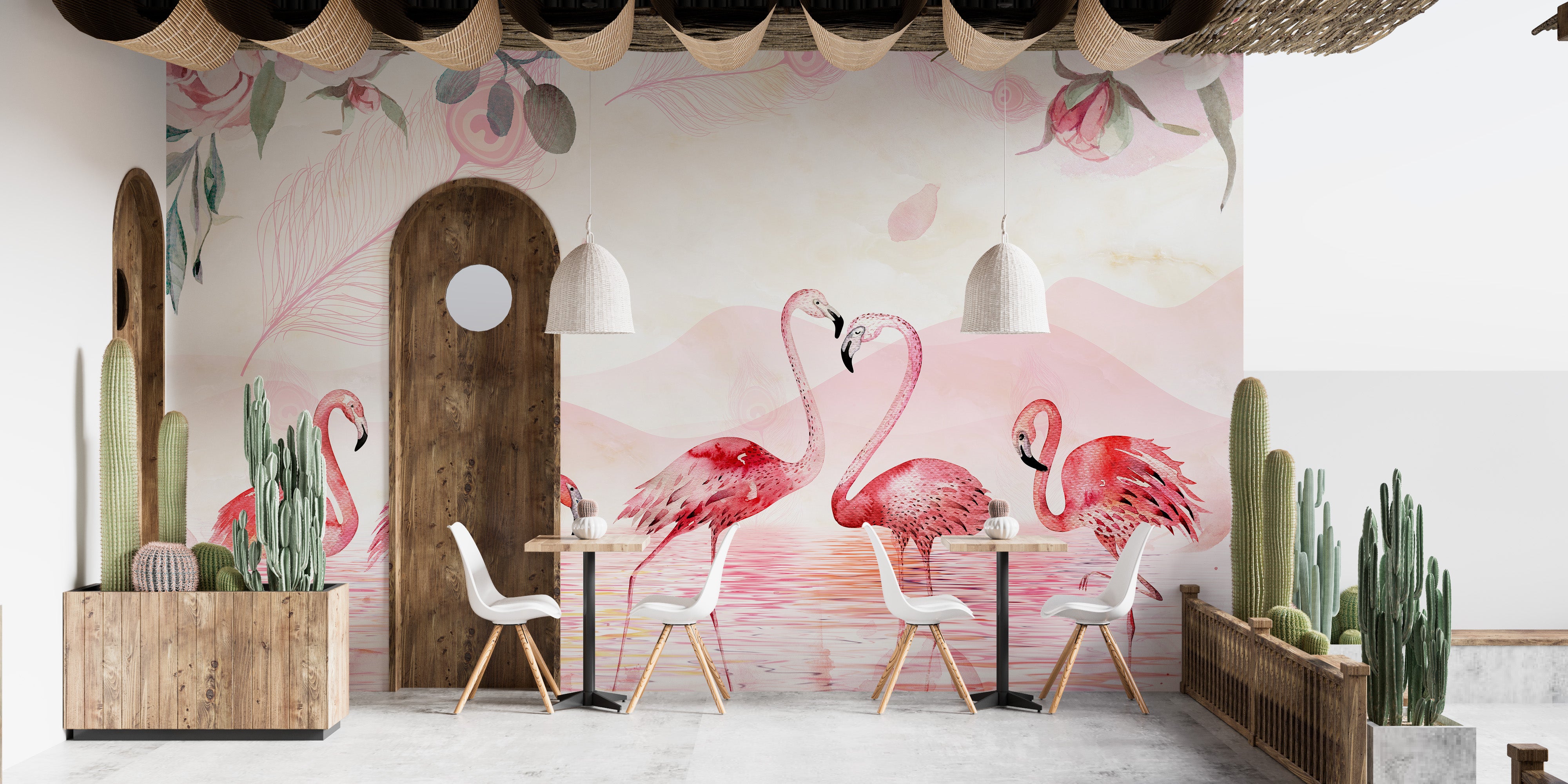 Five Feathered Flamingos Wall Mural for Rooms
