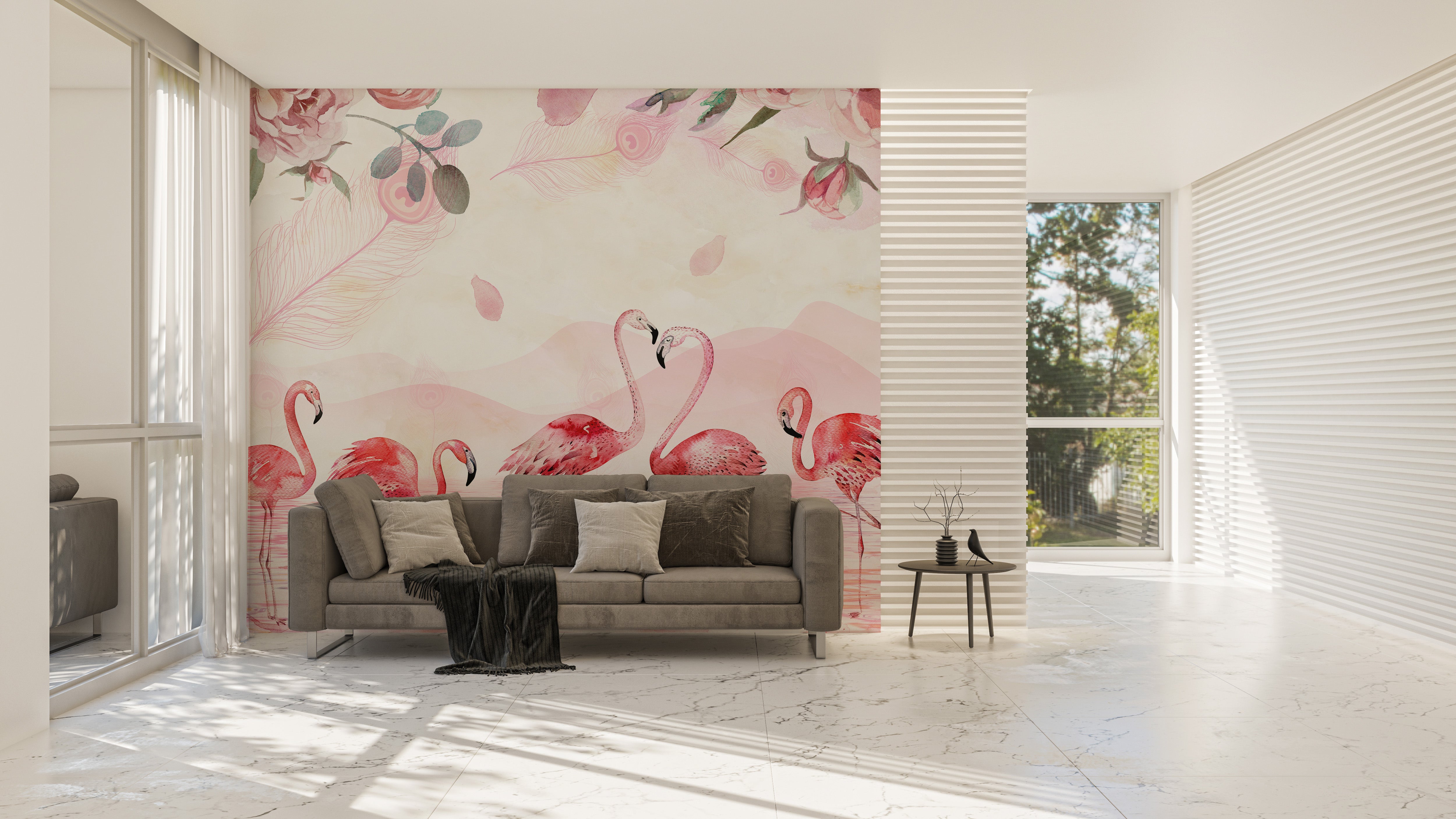 Flamingo Wall Mural with Five Feathered Design