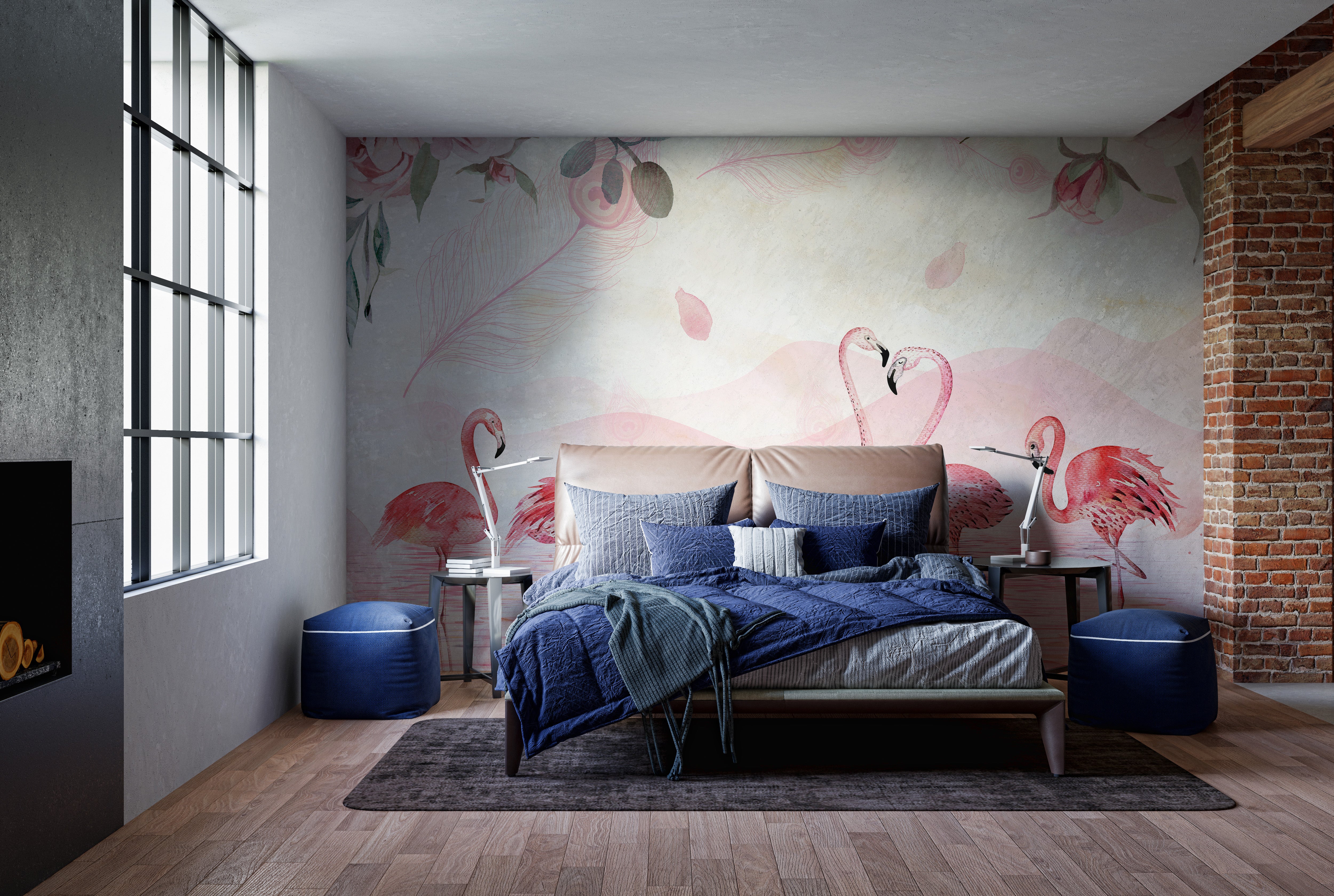 Five Feathered Flamingos Mural for Modern Walls