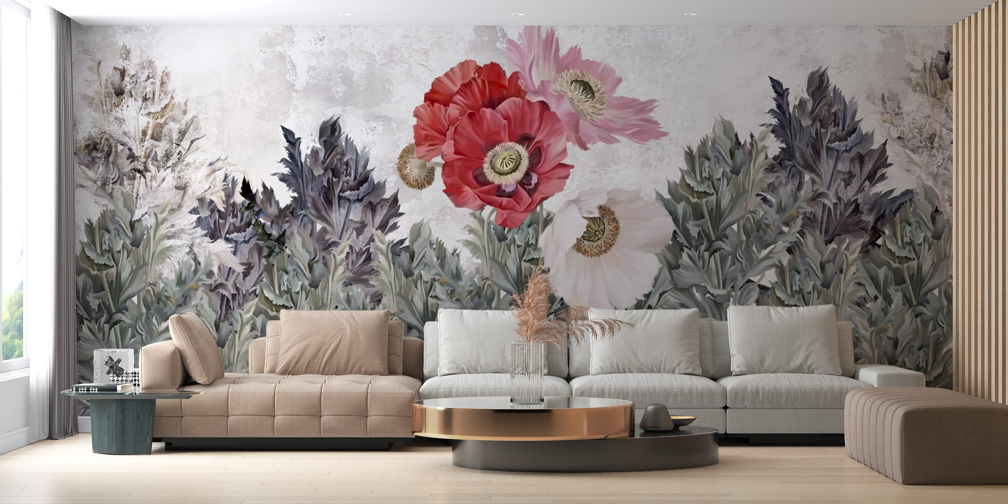 Painted Poppies in Grunge Mural for Home Interiors