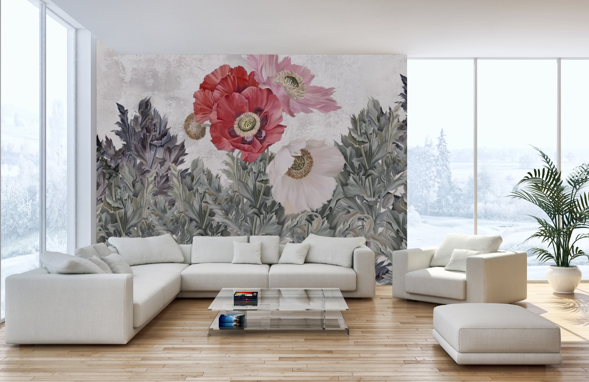 Painted Poppies Grunge Wall Mural for Interiors