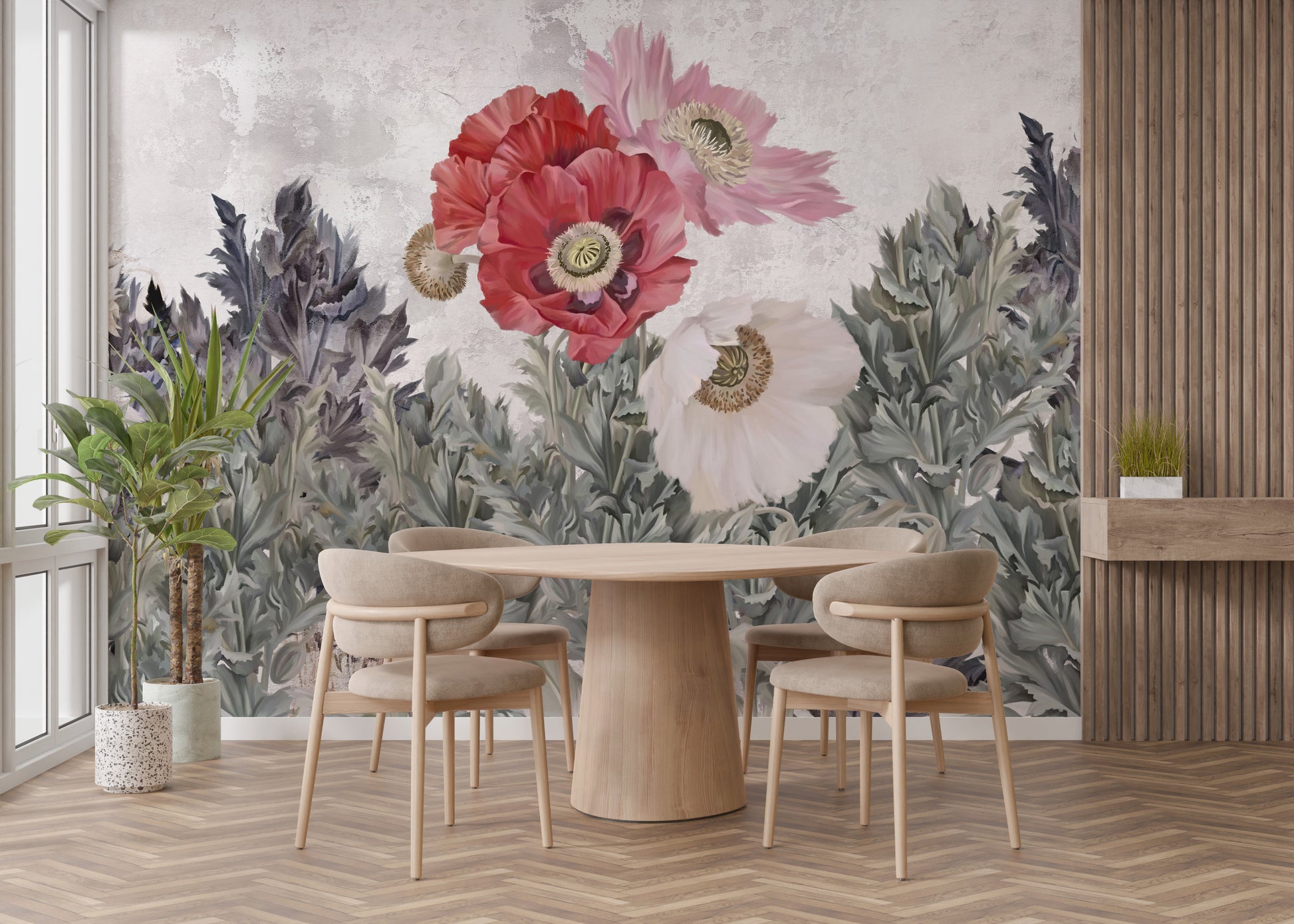 Grunge Painted Poppies Wallpaper Mural for Walls