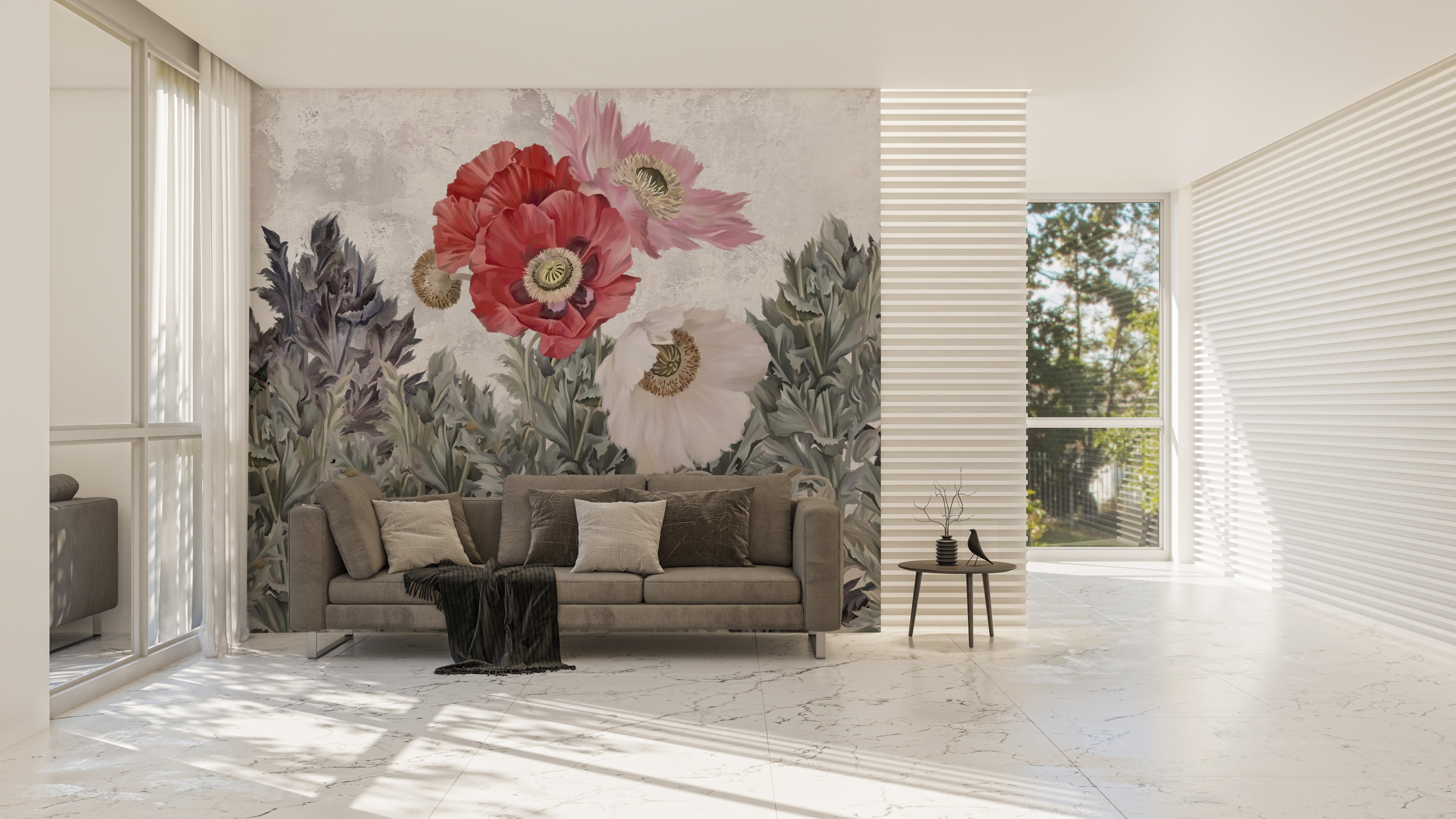 Painted Poppies in Grunge Mural for Room Decor