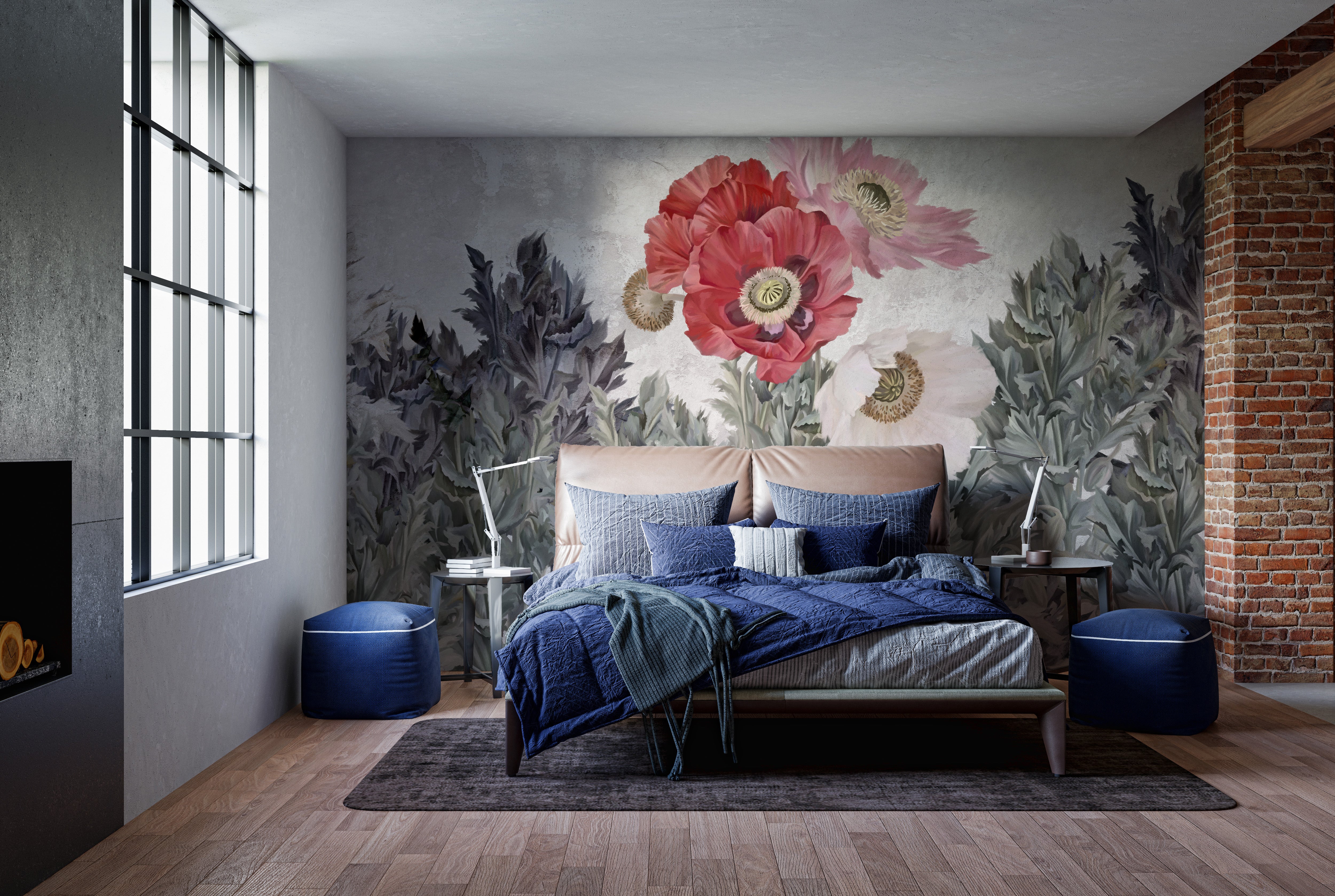 Grunge Wallpaper Mural with Painted Poppies Design