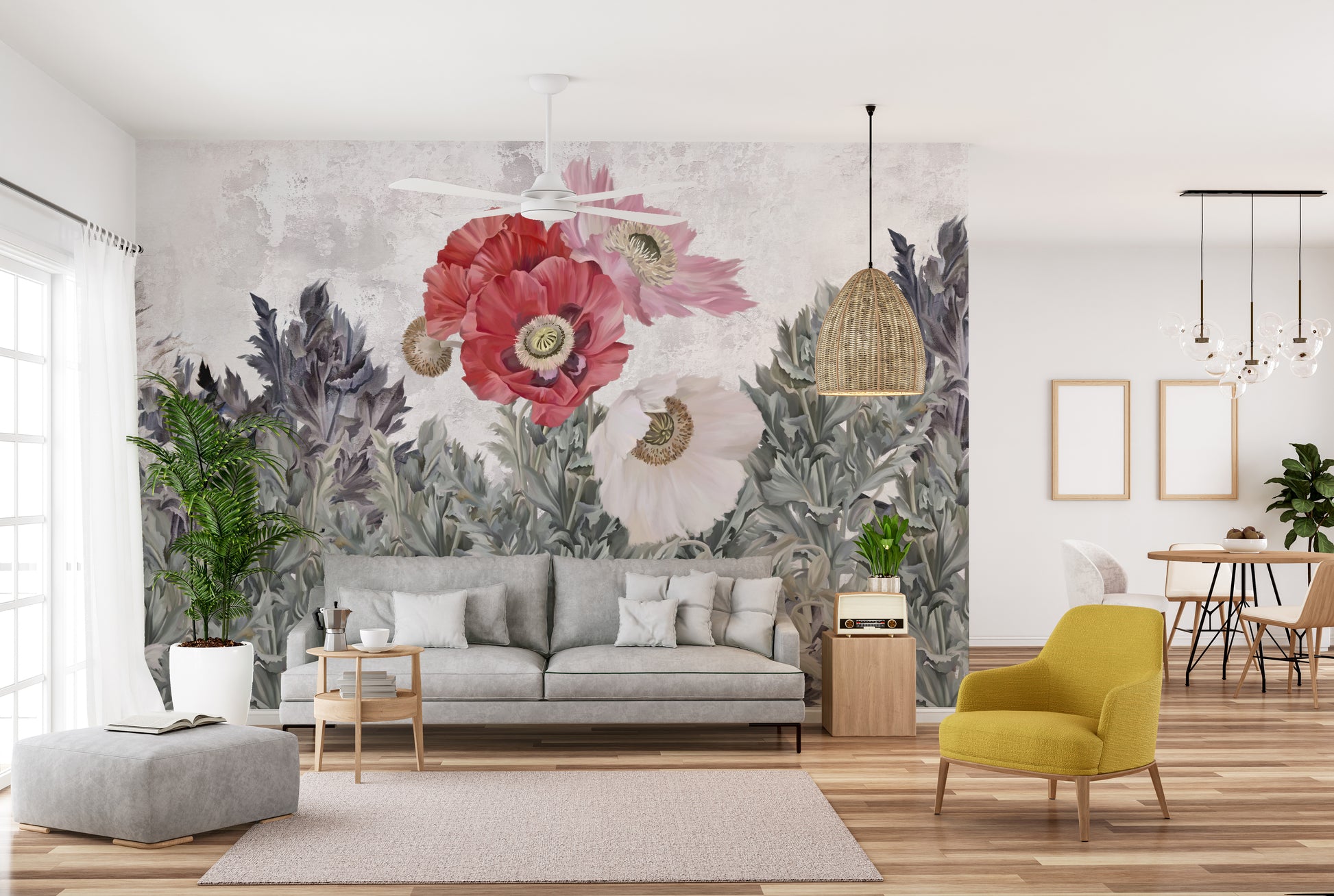 Painted Poppies in Grunge Mural for Stylish Rooms