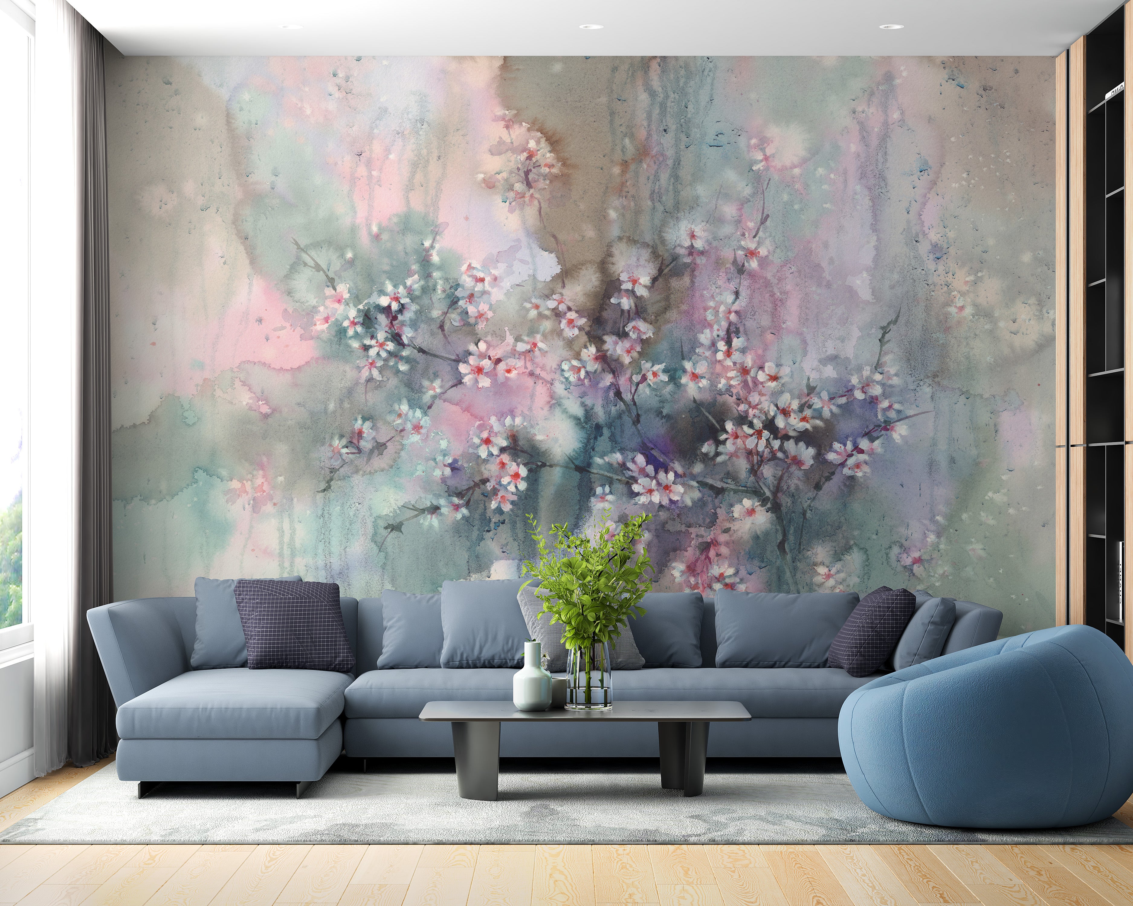 Watercolor Sakura Floral Delight Mural for Spaces