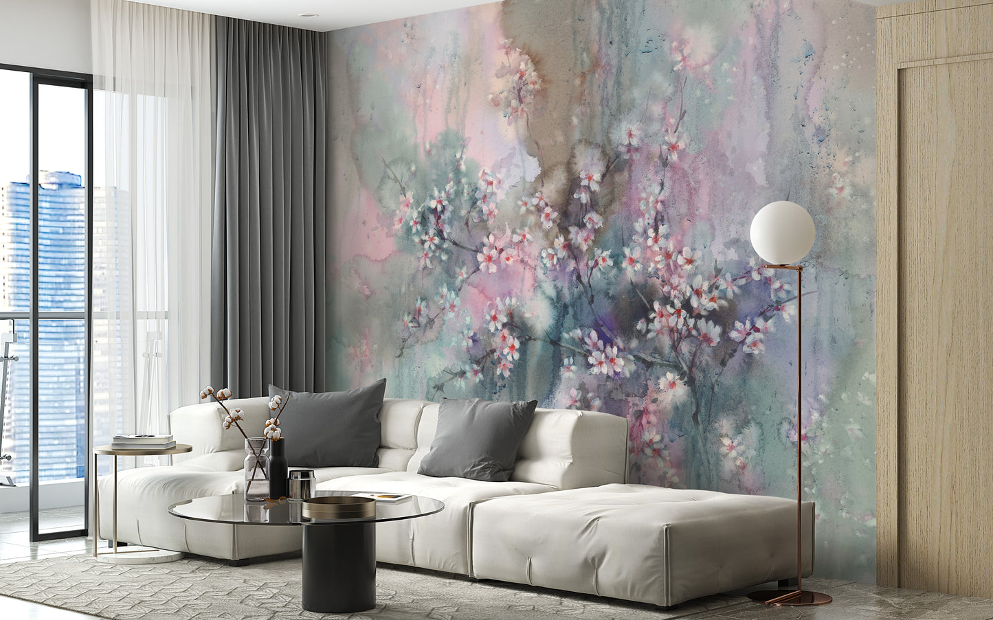 Watercolor Sakura Floral Delight Mural for Rooms