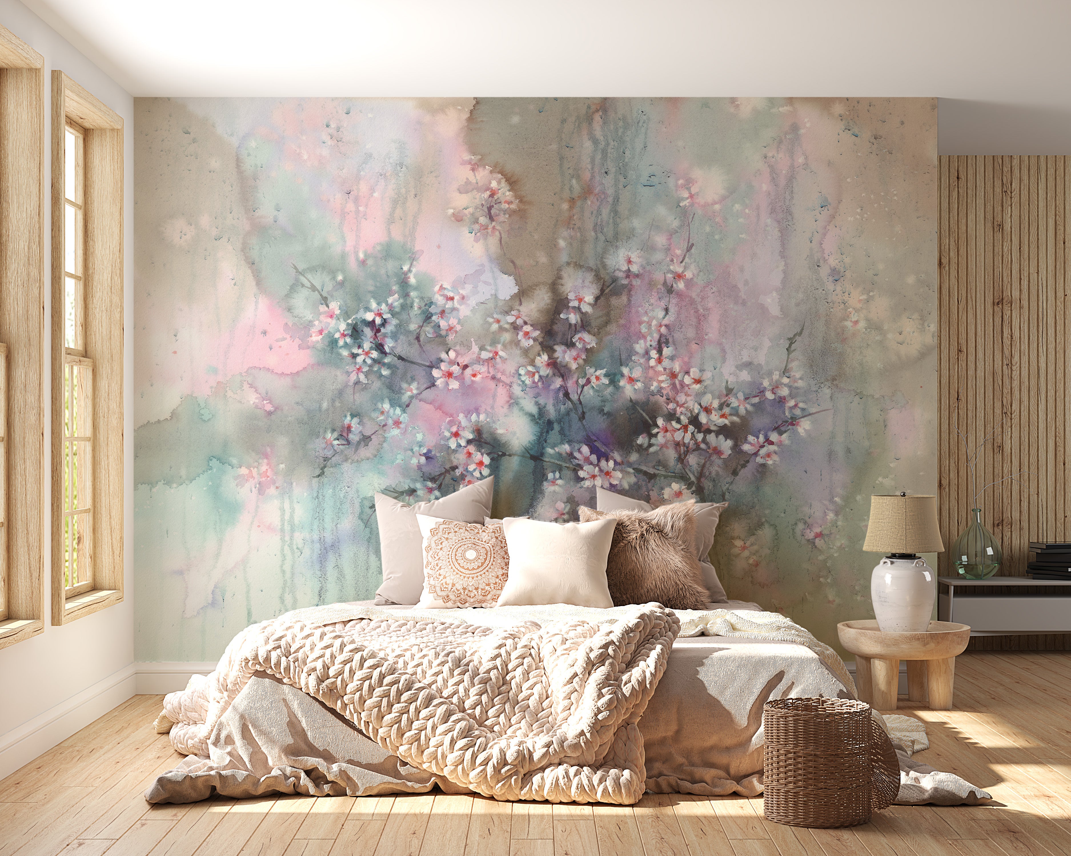 Sakura Floral Delight Wall Mural in Watercolor