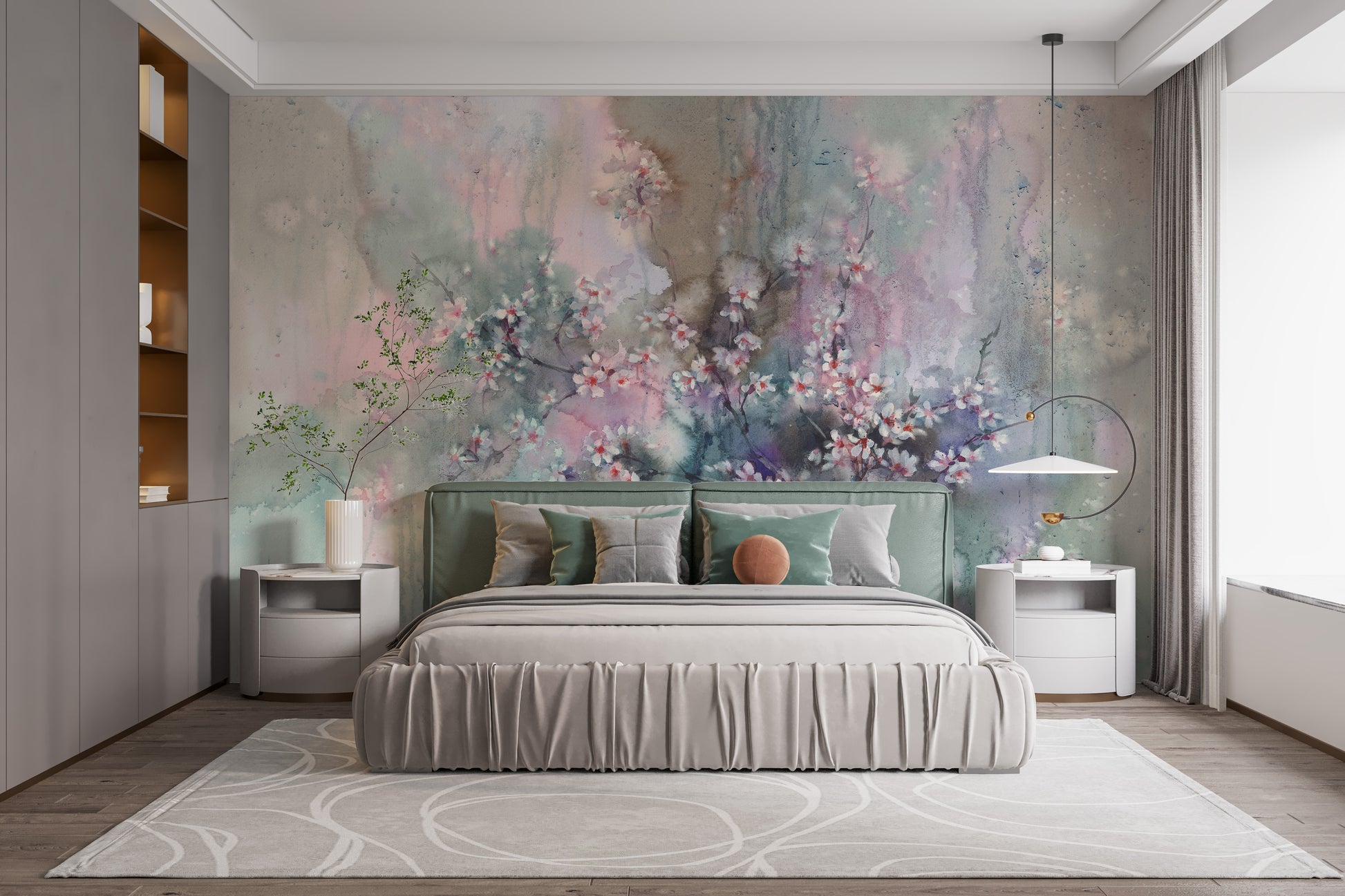 Watercolor Sakura Floral Mural for Walls