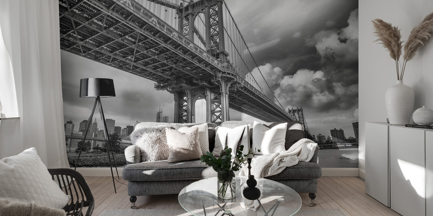 Brooklyn Skyline Bridge Black & White Wallpaper Mural