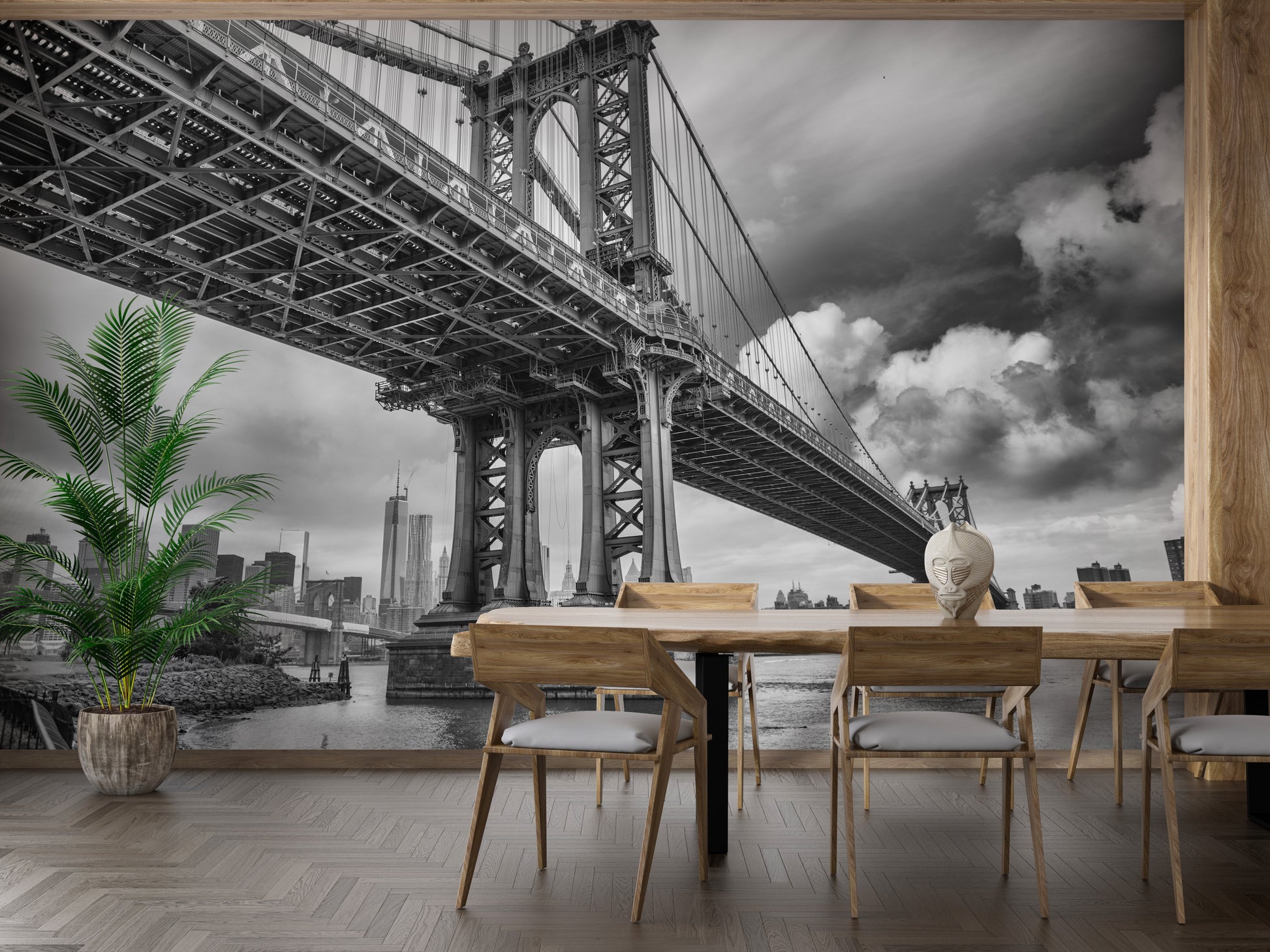 Brooklyn Bridge Black & White Skyline Wallpaper Mural