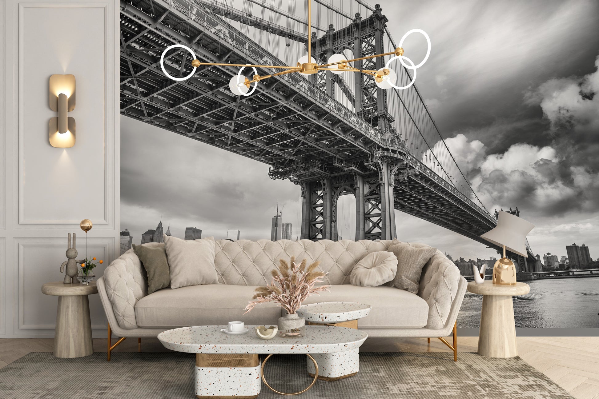 Black & White Brooklyn Skyline Bridge Wallpaper Mural