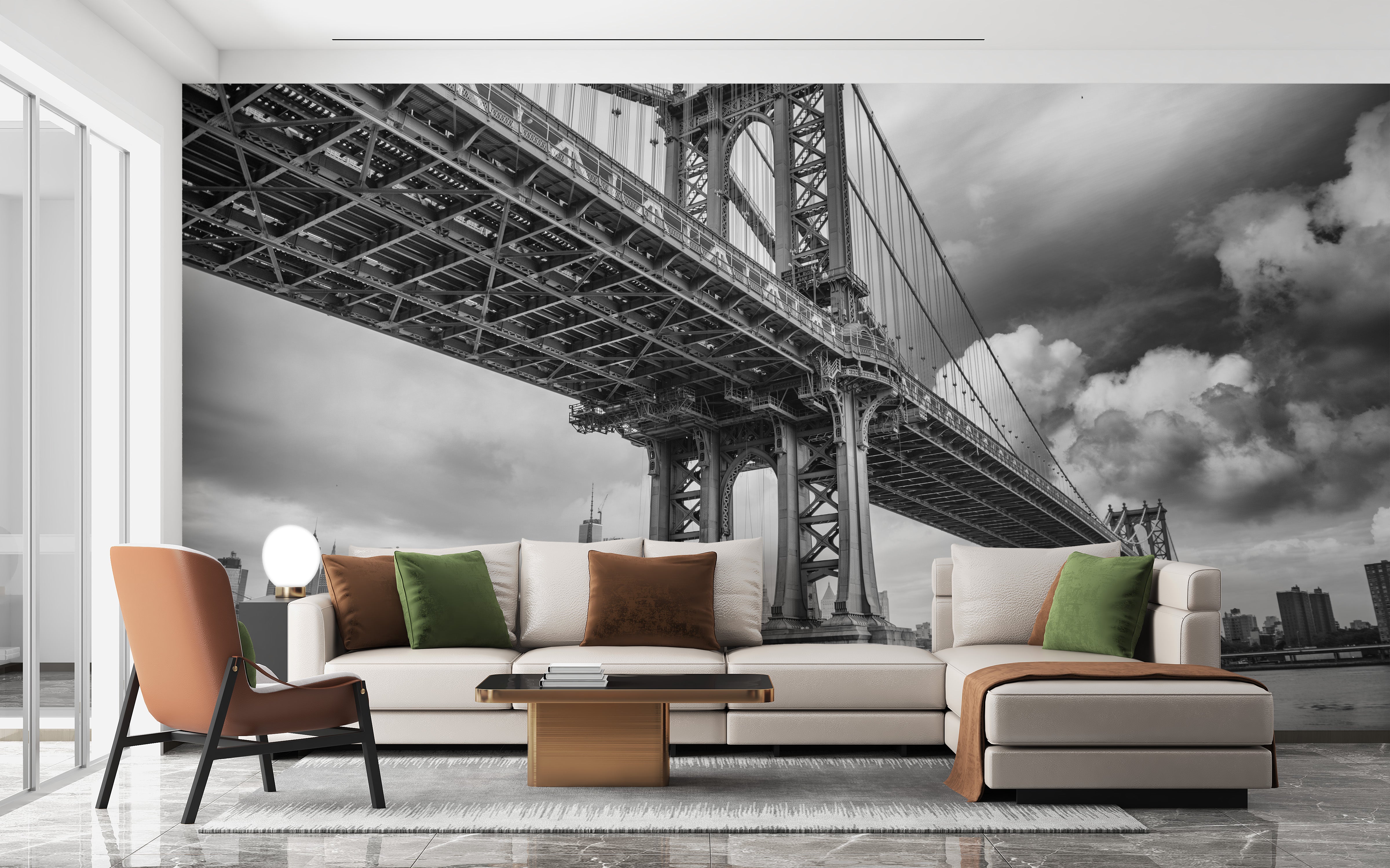 Brooklyn Bridge Black & White Cityscape Wallpaper Mural
