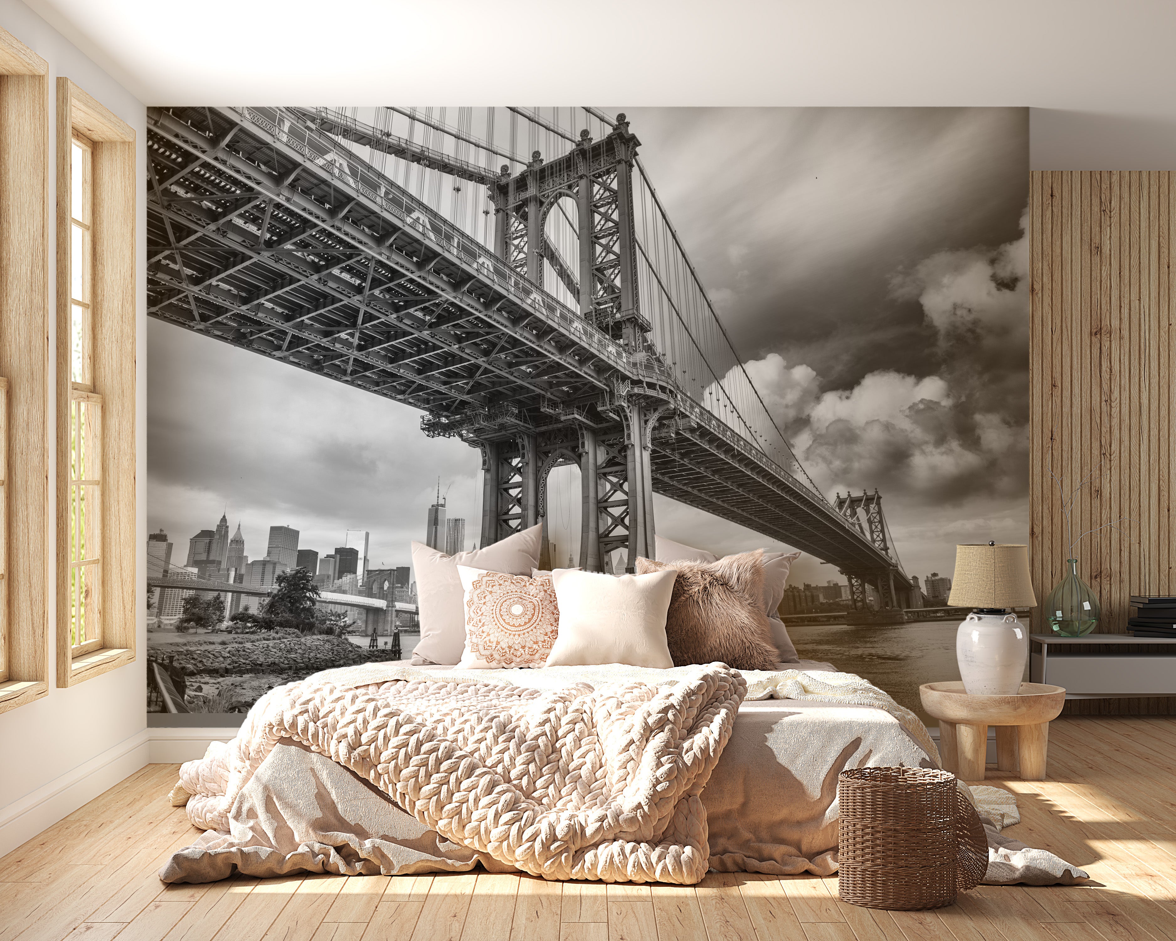 Brooklyn Bridge Skyline Black & White Wallpaper Mural