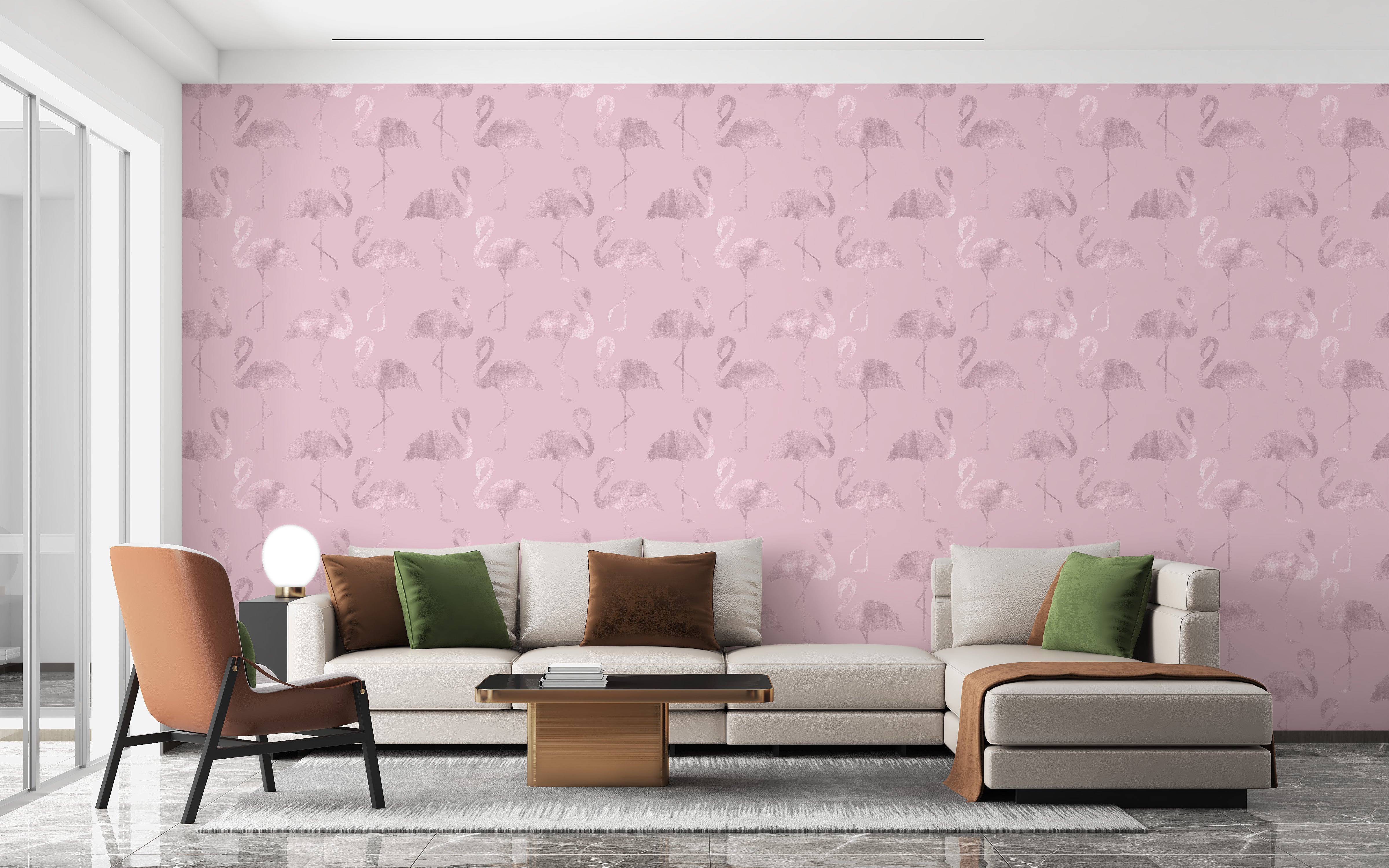 Glossy Pink Flamingo Design Waves Wallpaper Mural