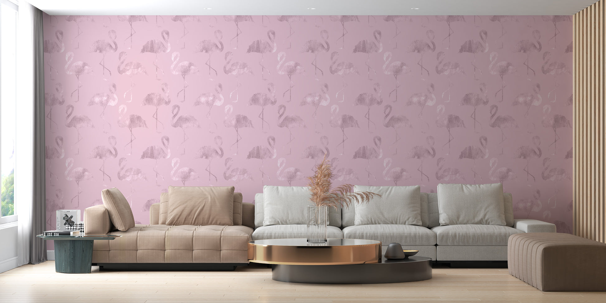 Glossy Flamingo and Pink Waves Wallpaper Mural