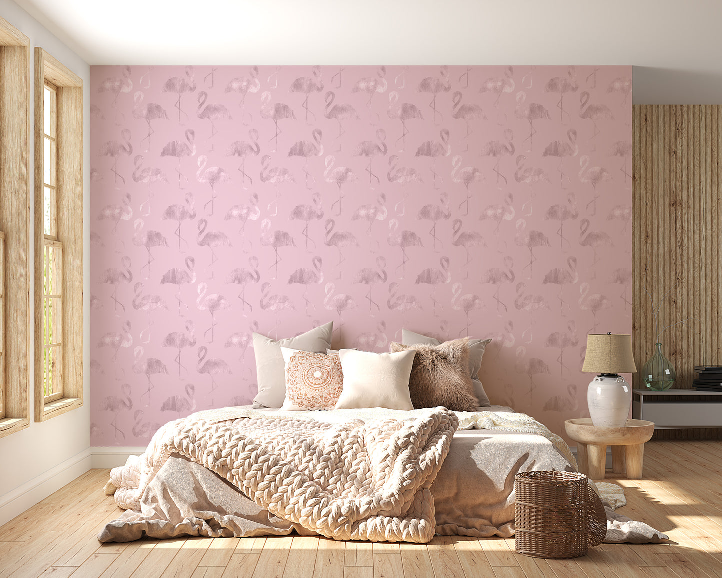 Glossy Pink Waves with Flamingos Wallpaper Mural