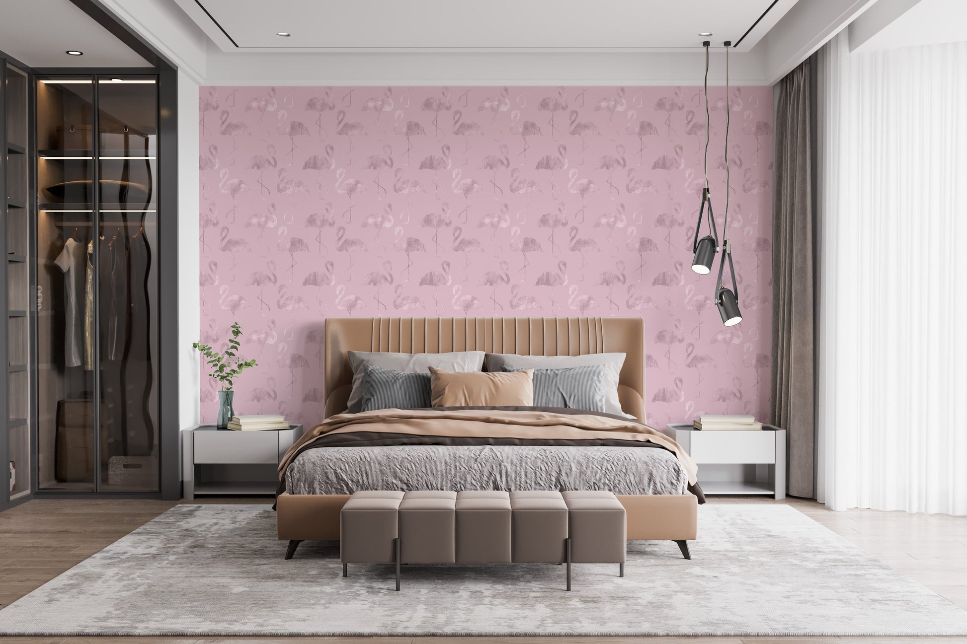 Flamingo Waves Glossy Pink Wallpaper Mural
